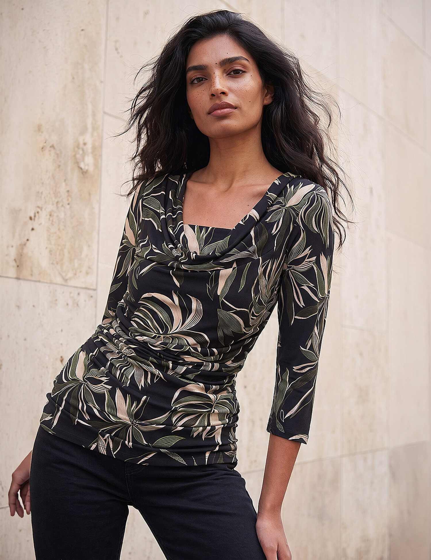 Roman Leaf Print Gathered Cowl Neck Top Khaki