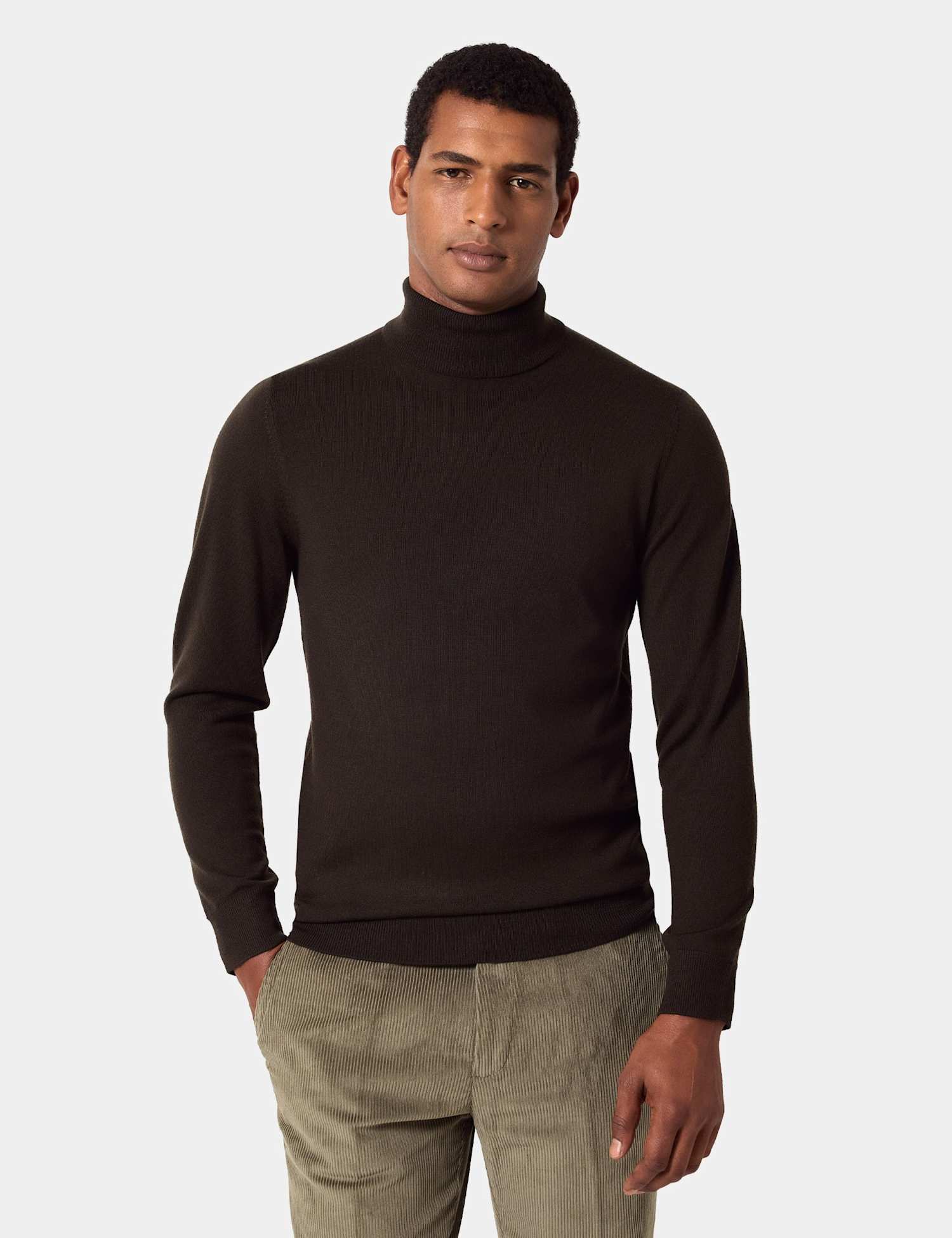 Hawes & Curtis Pure Wool Roll Neck Jumper Olive