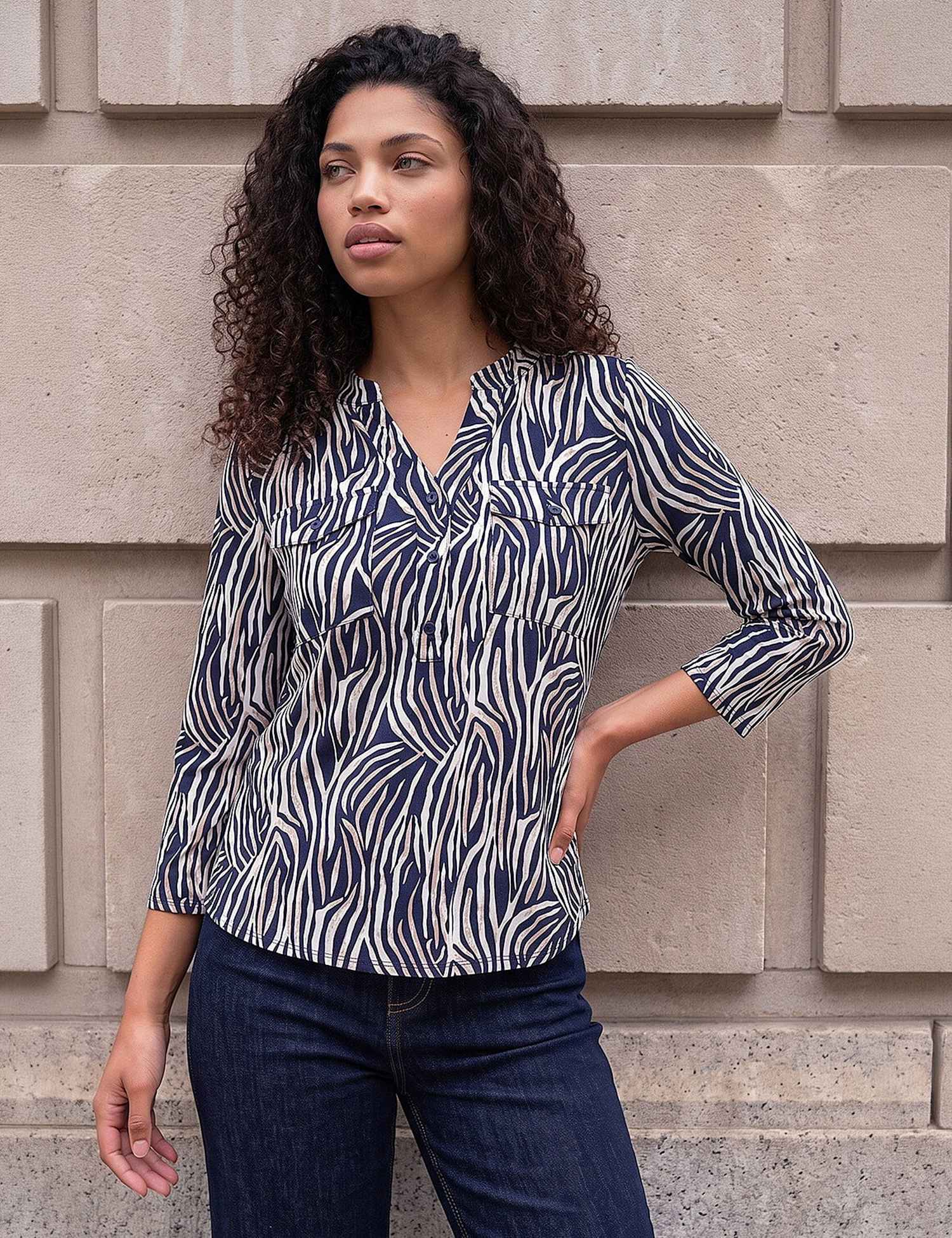 Roman Petite Animal Print Button Top Navy Mix