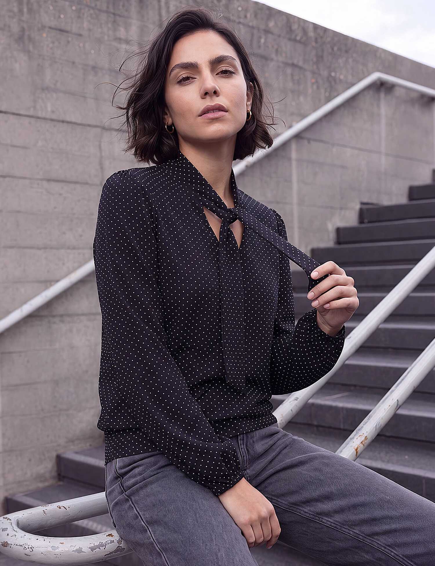 Roman Polka Dot Tie Neck Top Black