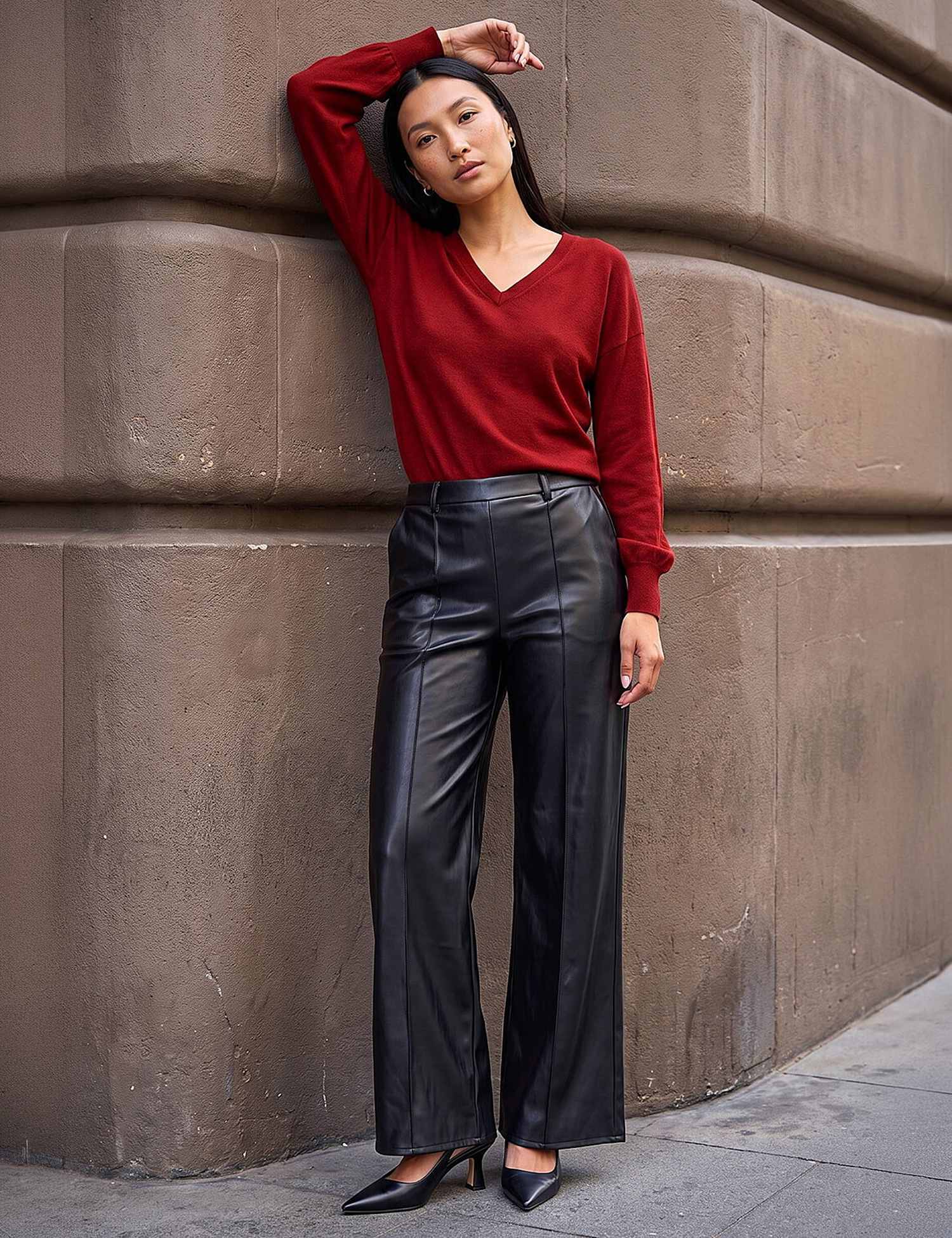 Roman Leather Look Pintuck Trousers Black Mix