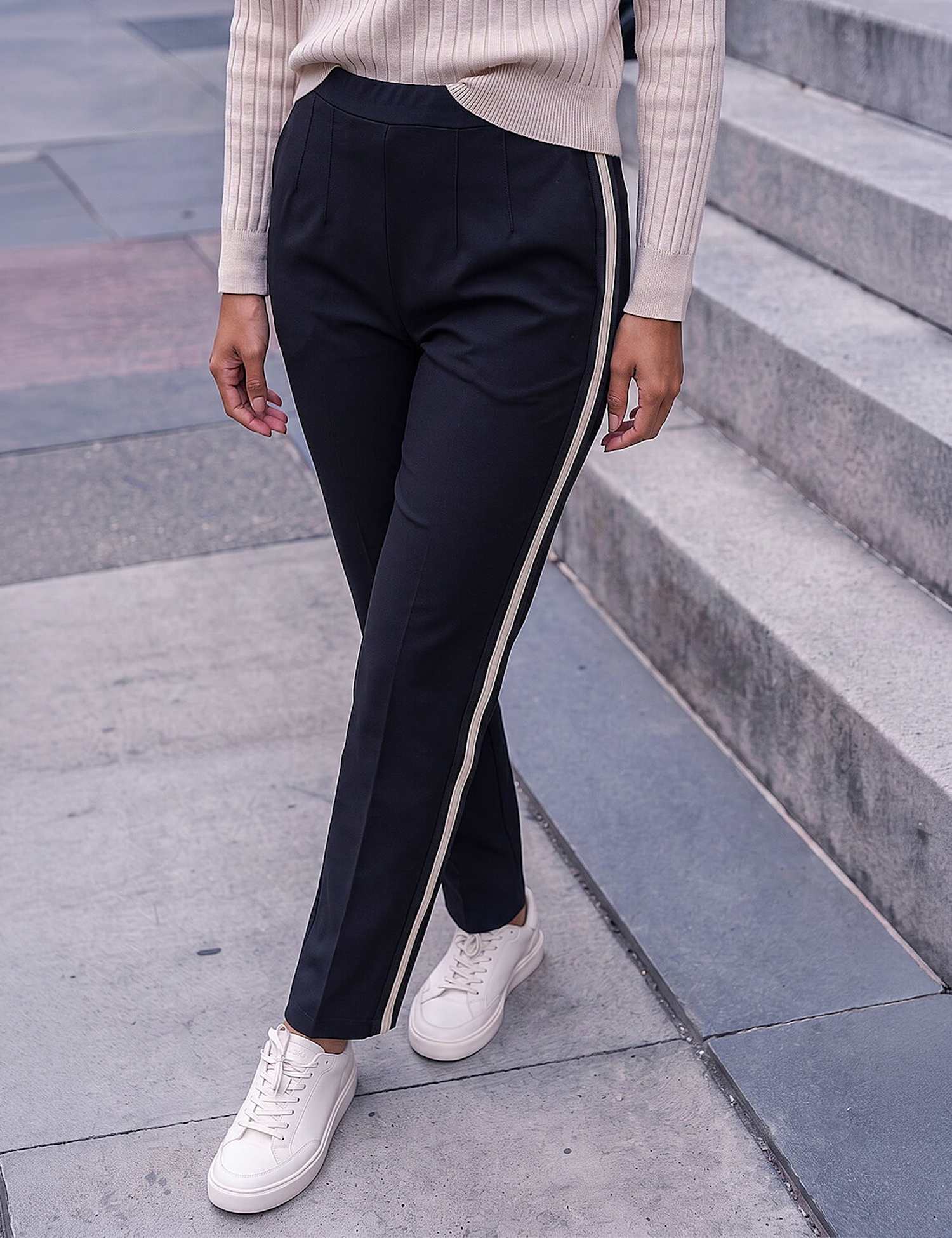 Roman Side Stripe Straight Leg Trousers Black Mix