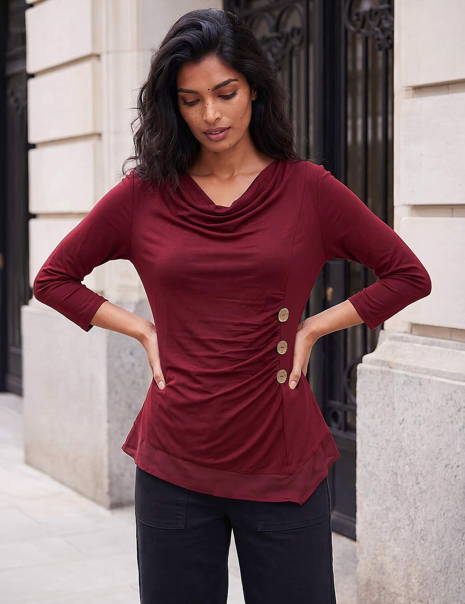 Roman Button Detail Chiffon Hem Top Burgundy