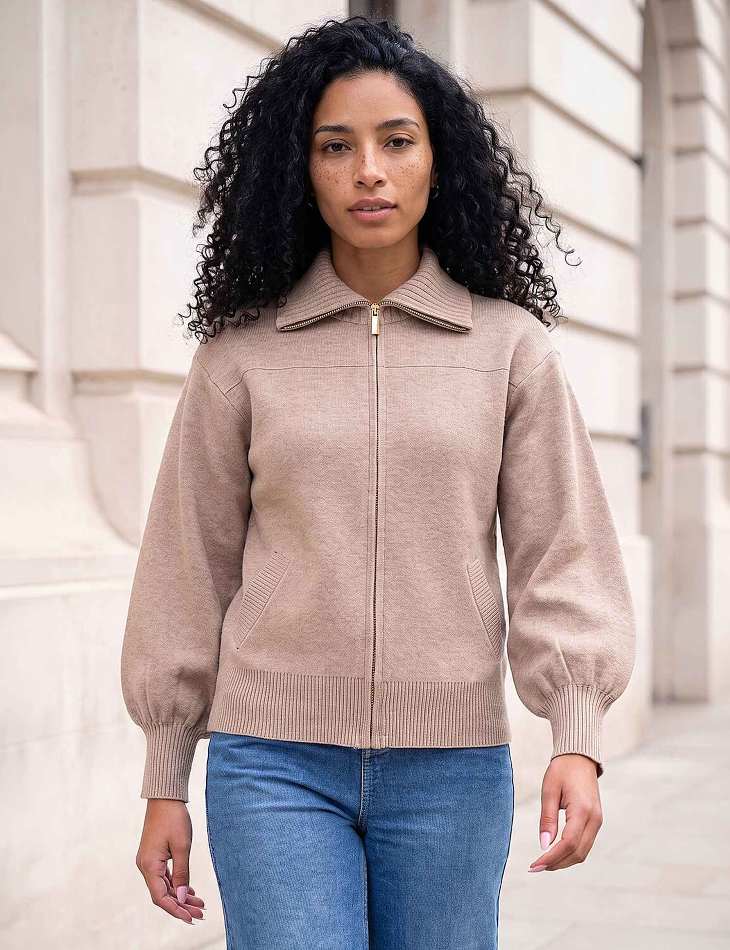 Roman Knitted Bomber Jacket Beige Mix