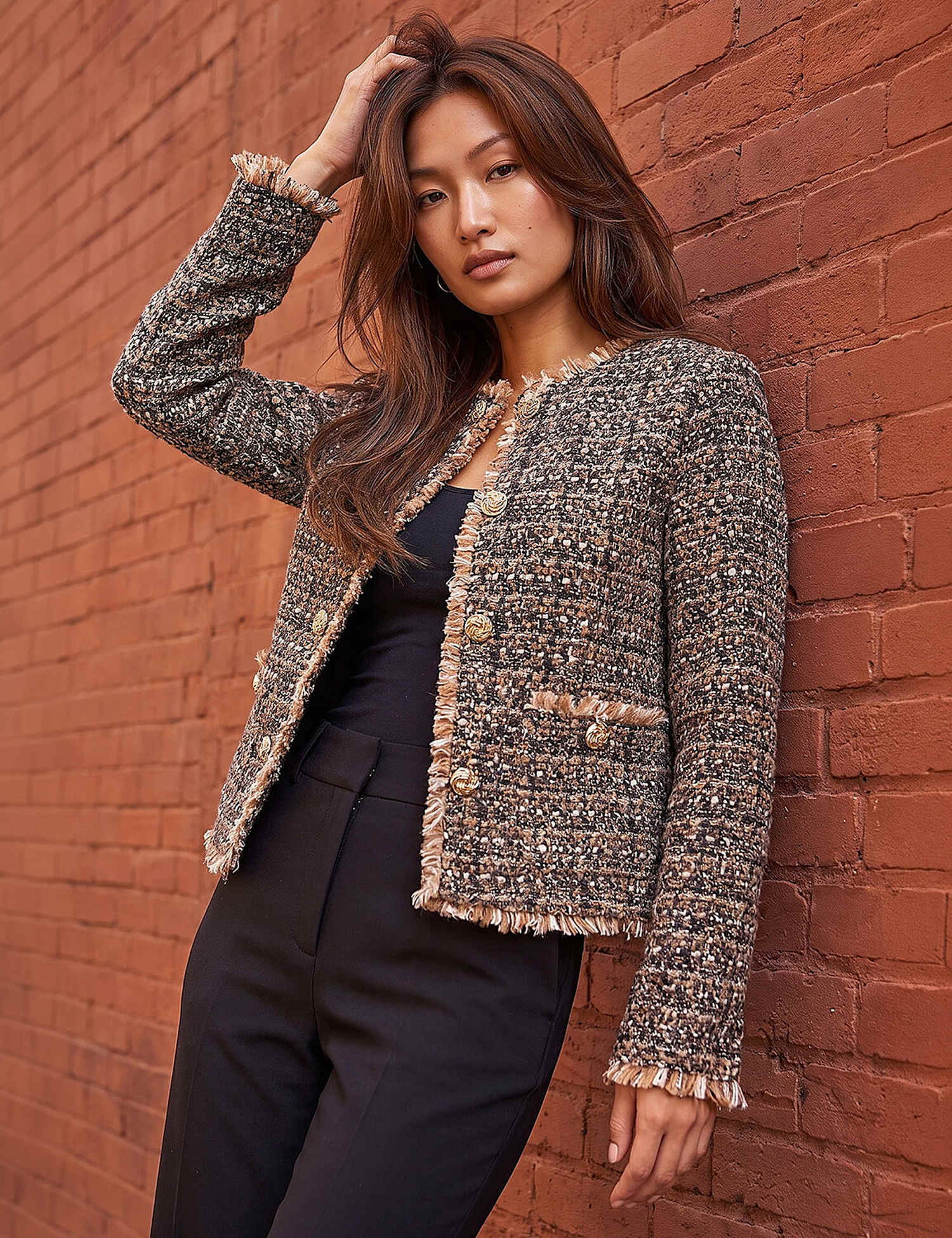 Roman Boucle Frayed Edge Cropped Jacket Brown Mix