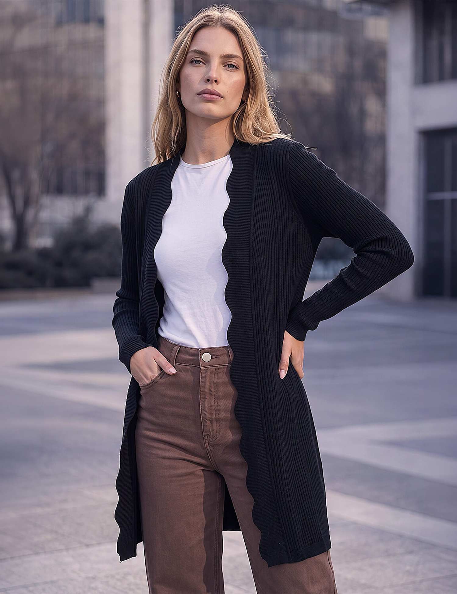 Roman Rib Scallop Cardigan Black