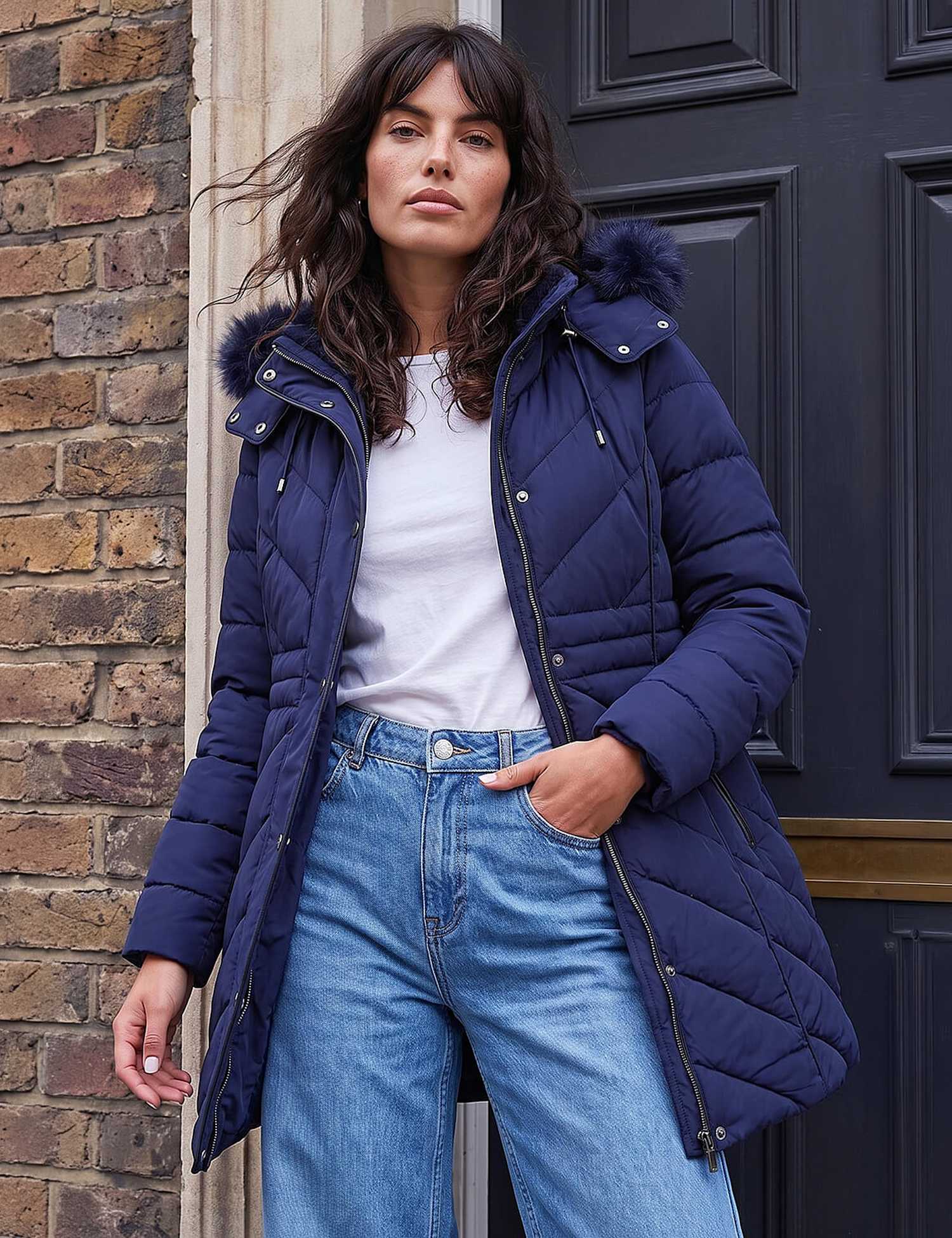 Roman Padded Faux Fur Trim Hooded Coat Dark Navy