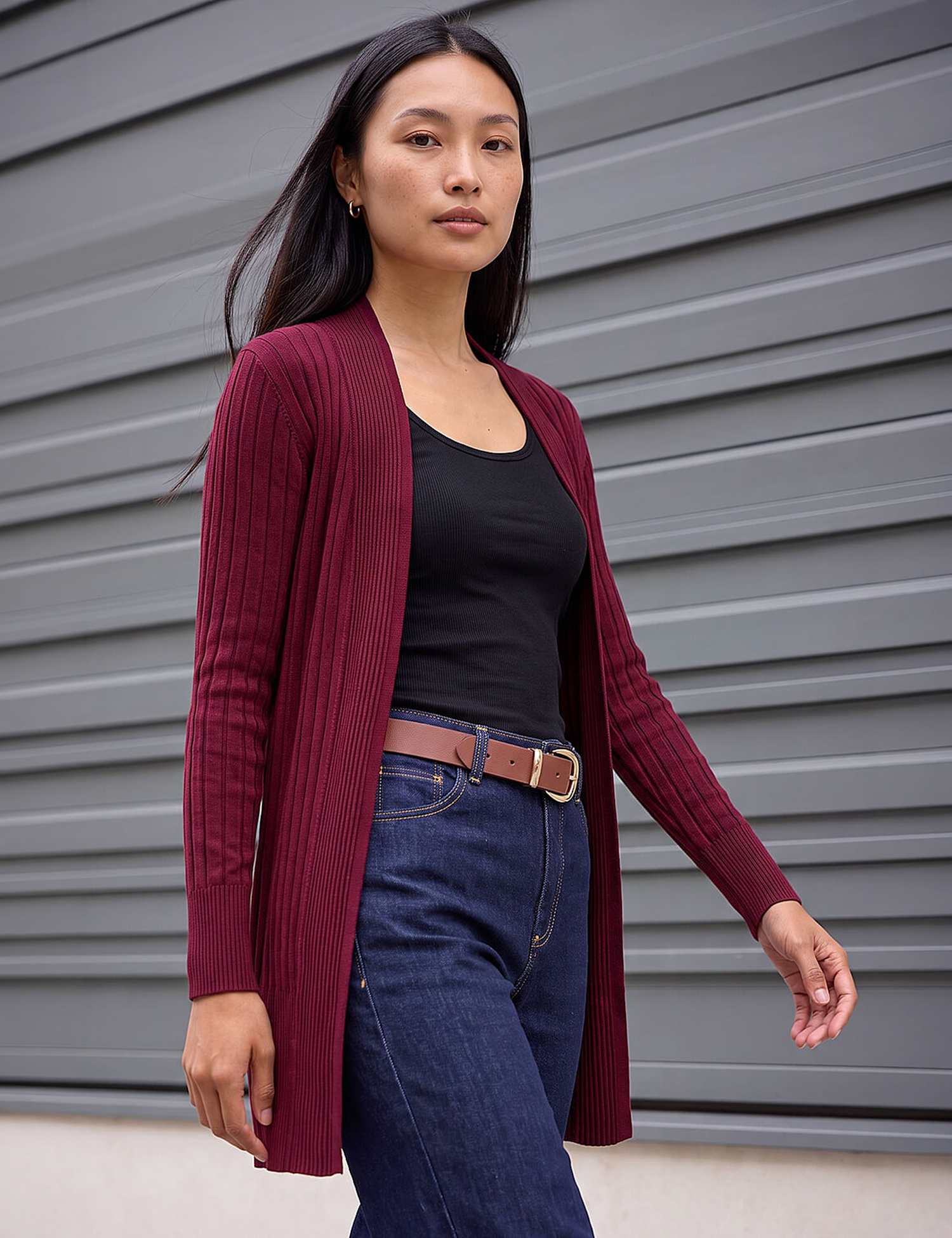 Roman Ribbed Longline Cardigan Burgundy