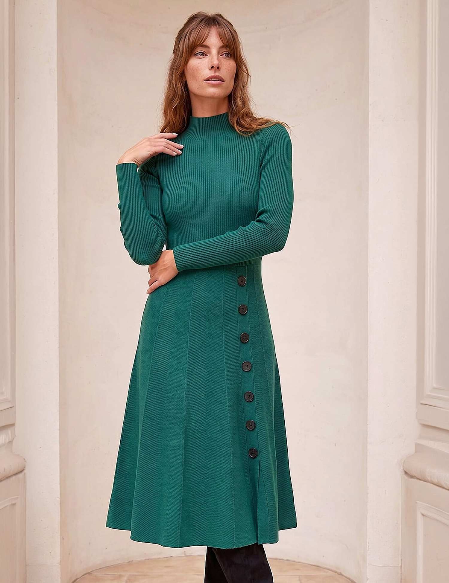 Roman Knitted High Neck Button Detail Knee Length Swing Dress Green