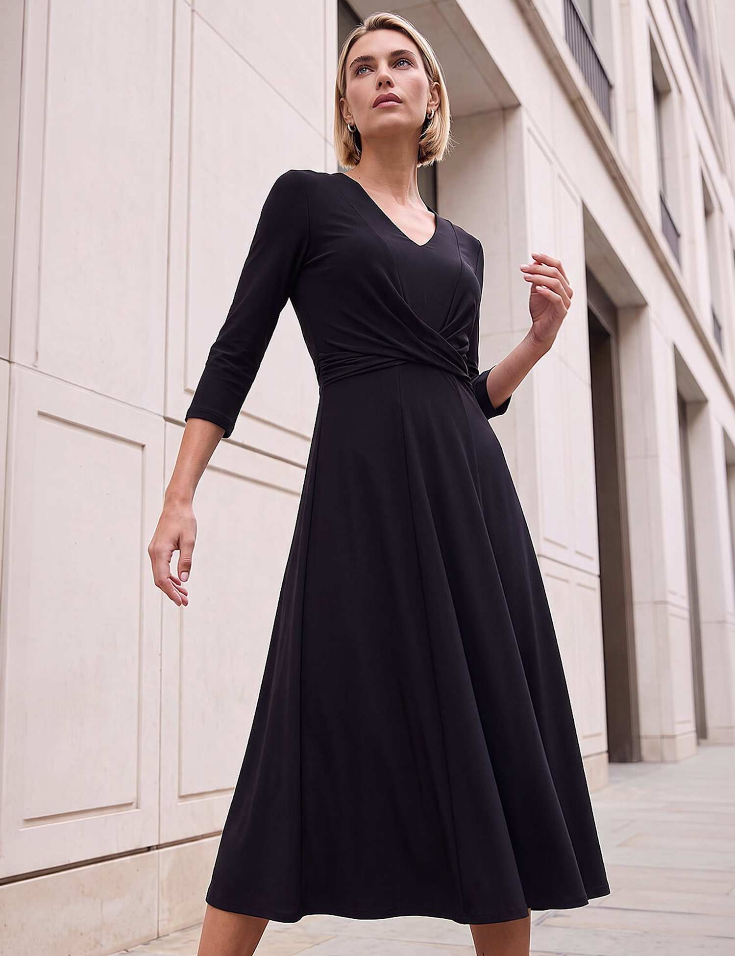 Roman V Neck Crossover Midi Dress Black