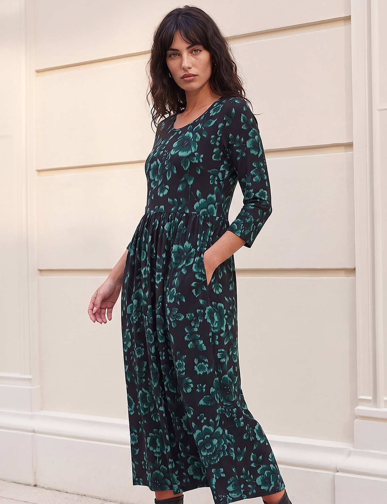 Roman Floral Gathered Waist Midi Dress Dark Green