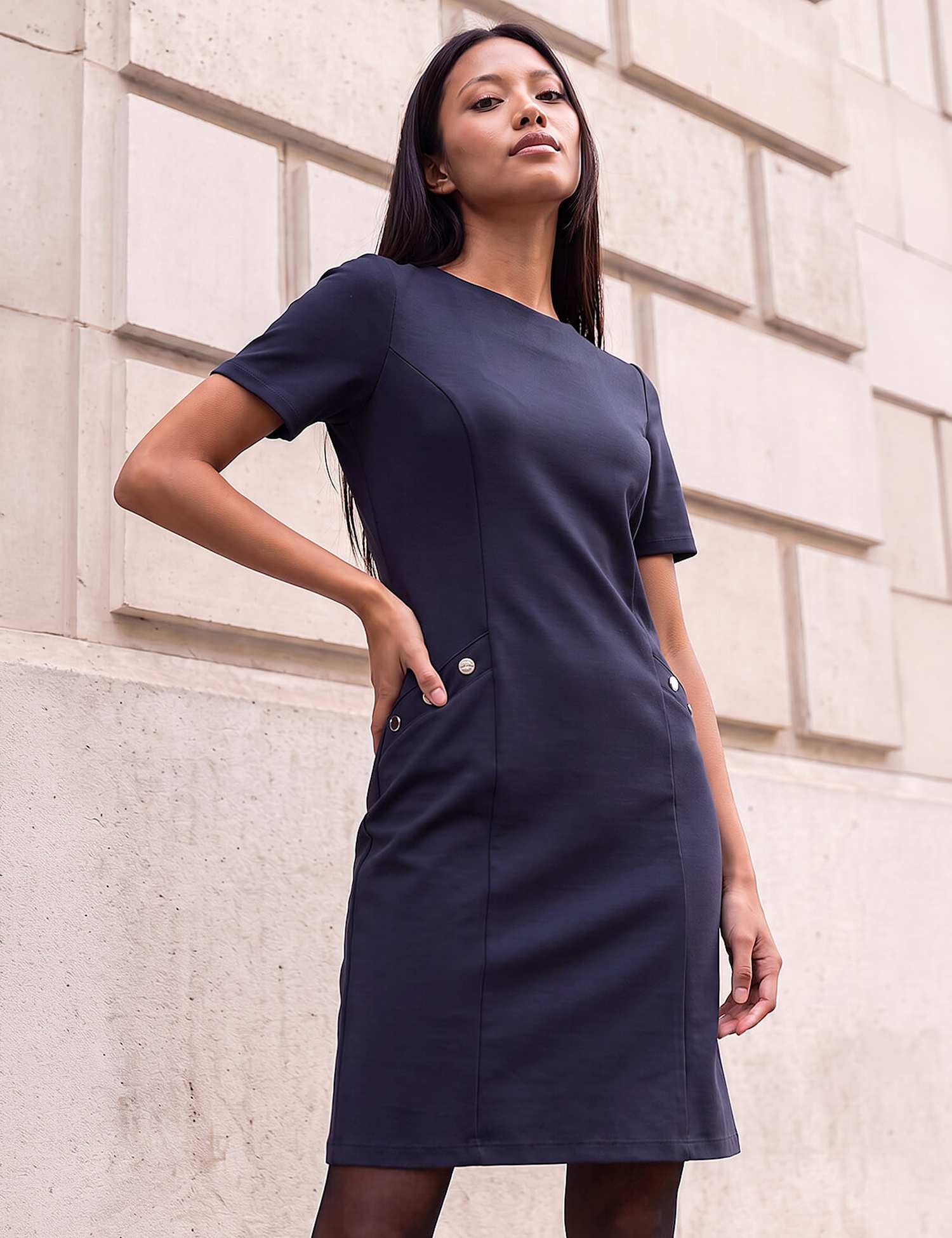 Roman Petite Ponte Knee Length Dress Navy