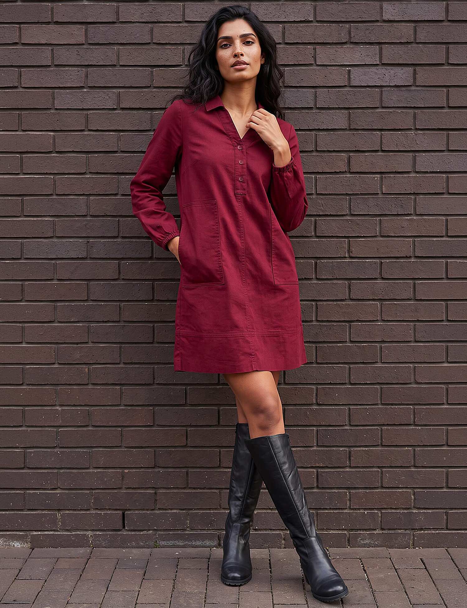 Roman Pure Cotton Collared Button Detail Knee Length Shirt Dress Burgundy