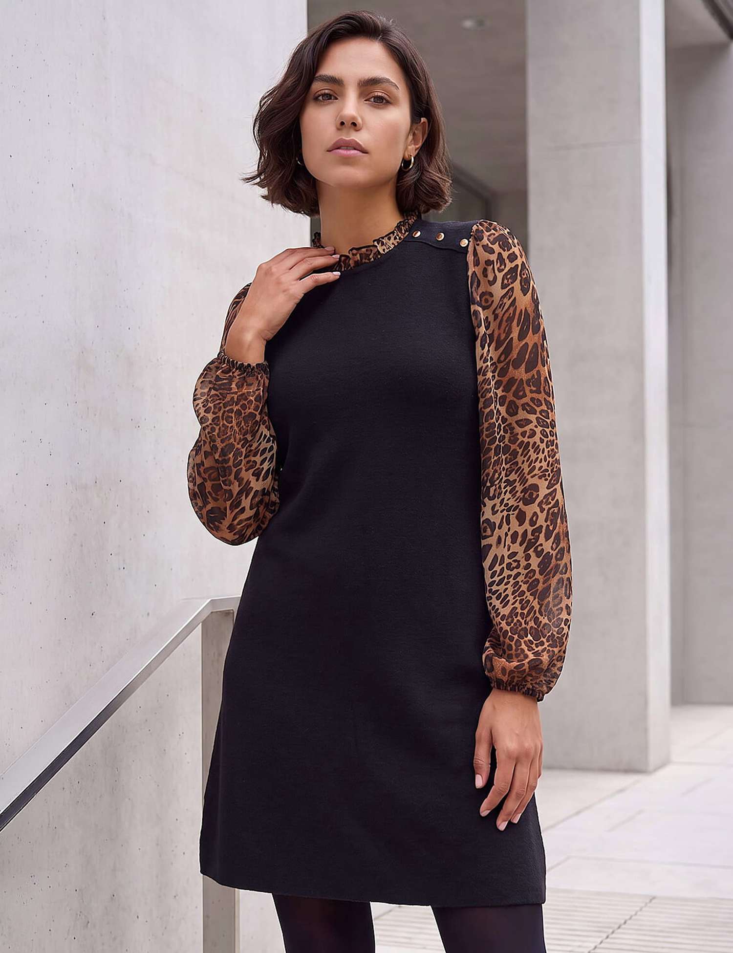 Roman Animal Print Knitted Frill Detail Knee Length Dress Tan
