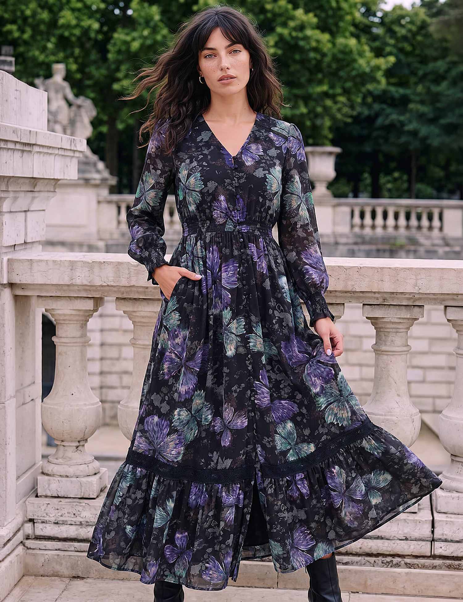 Roman Butterfly Print Lace Trim Button Through Midi Dress Purple