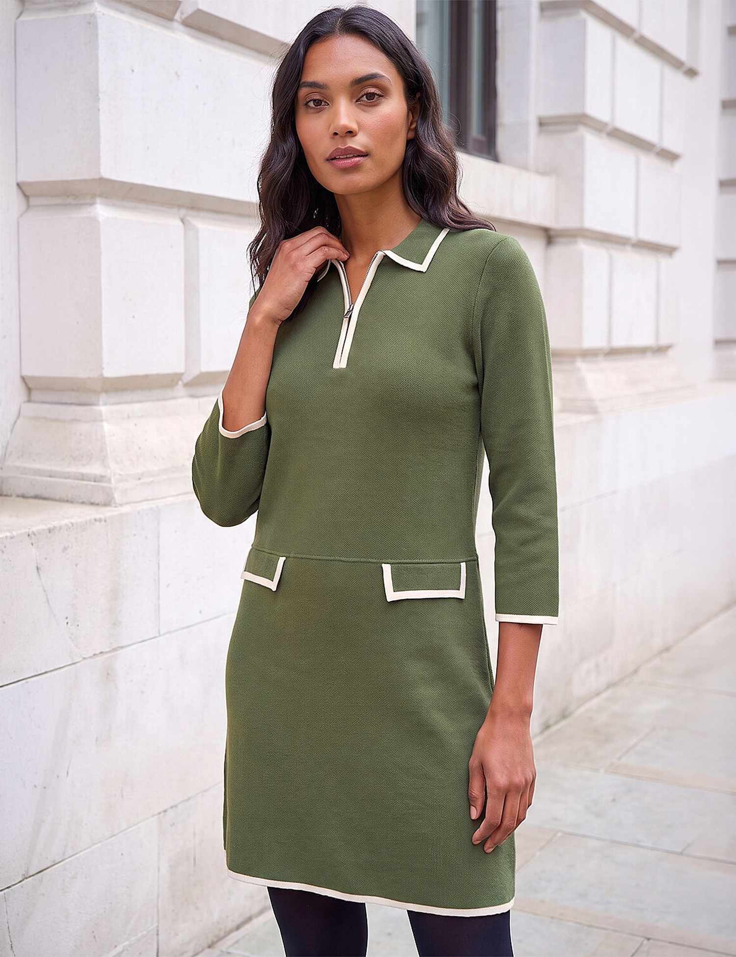 Roman Collared Zip Up Knee Length Dress Khaki