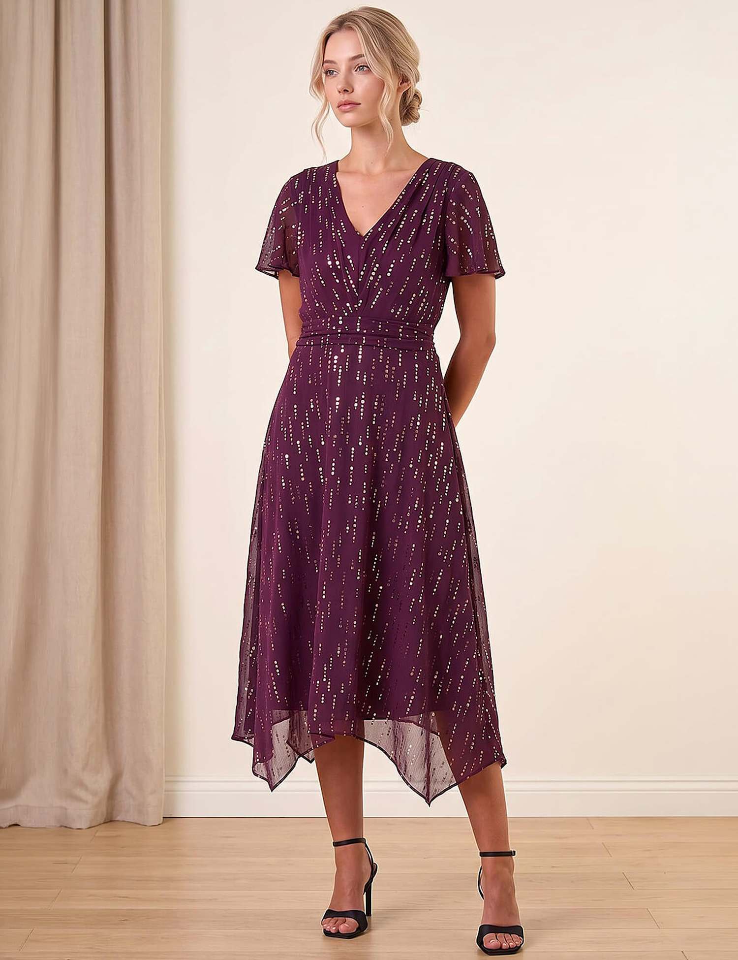 Roman Petite Foil Print Dress Burgundy