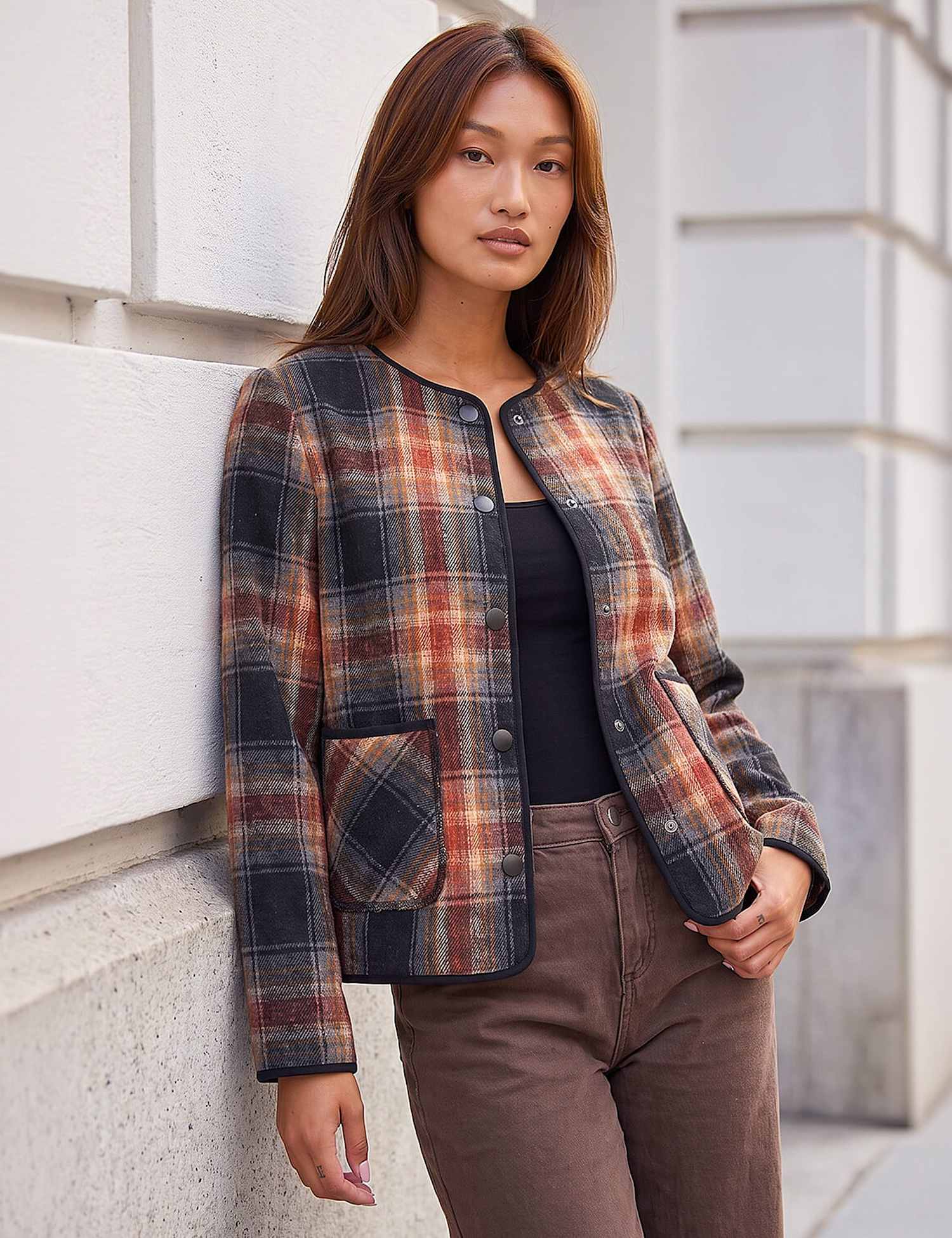 Roman Checked Button Front Jacket Dark Orange