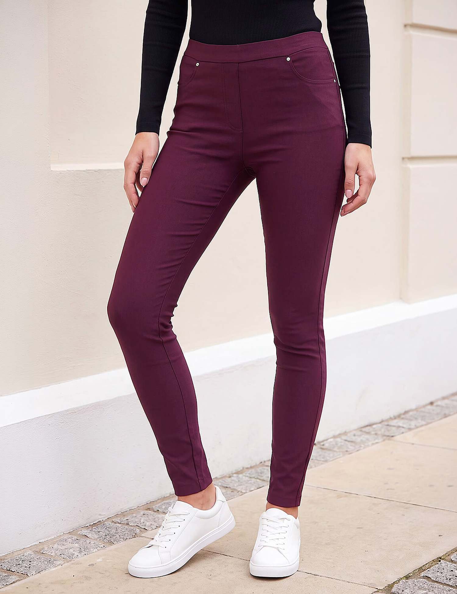 Roman Fleece Backed Slim Leg Pull On Jeans Burgundy