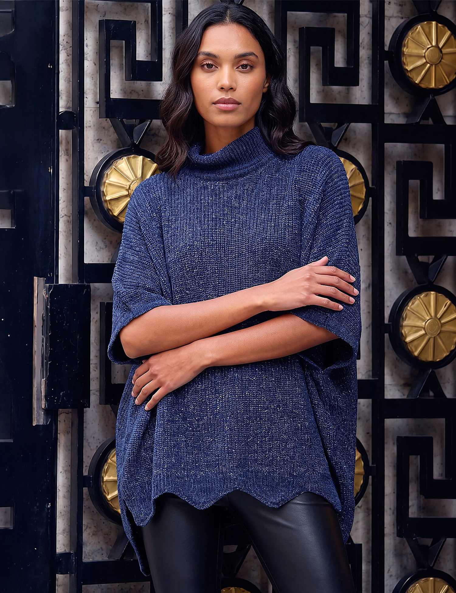 Roman Chenille Knit Roll Neck Poncho Navy