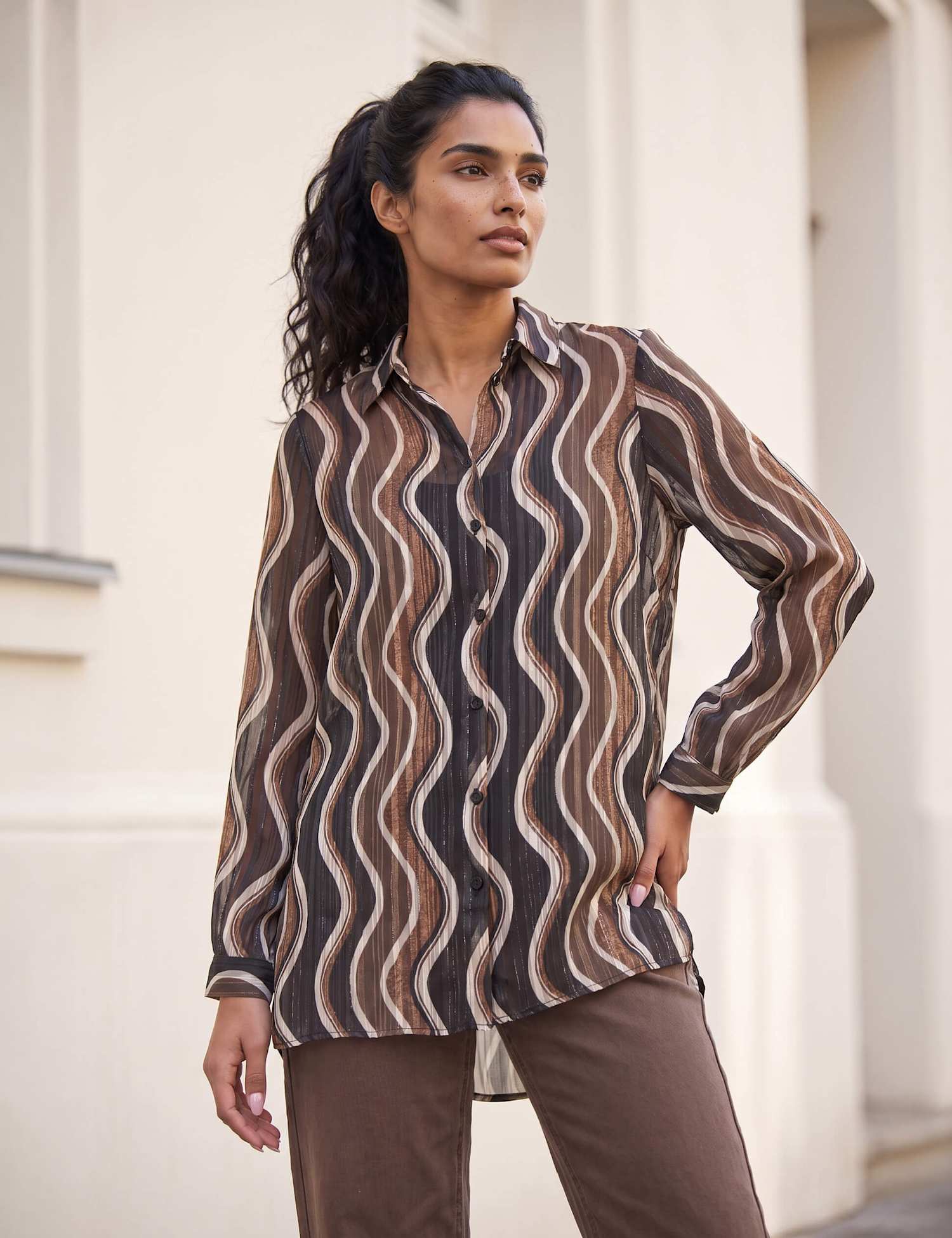 Roman Satin Printed Collared Shirt Chocolate
