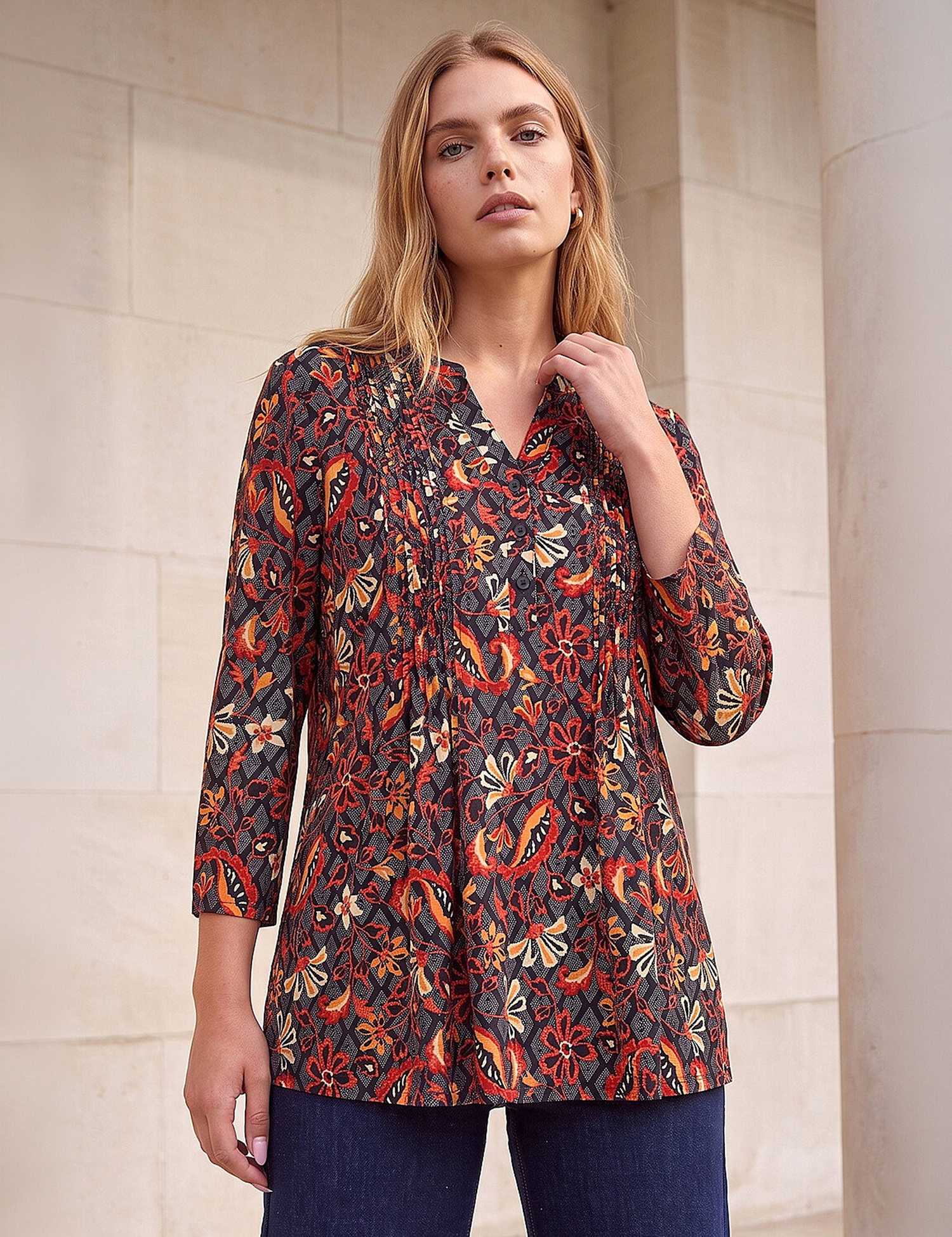 Roman Geometric Floral Notch Neck Pintuck Shirt Copper