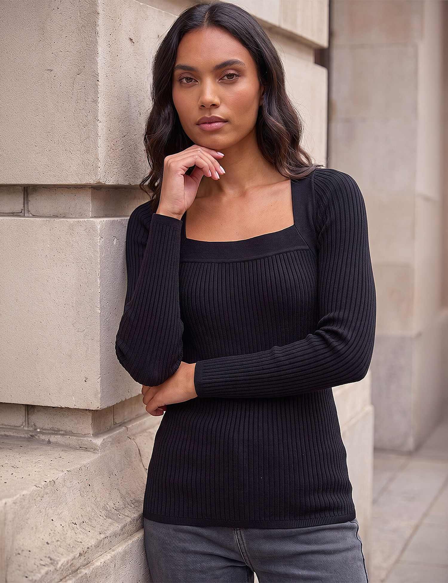 Roman Square Neck Rib Knit Top Black