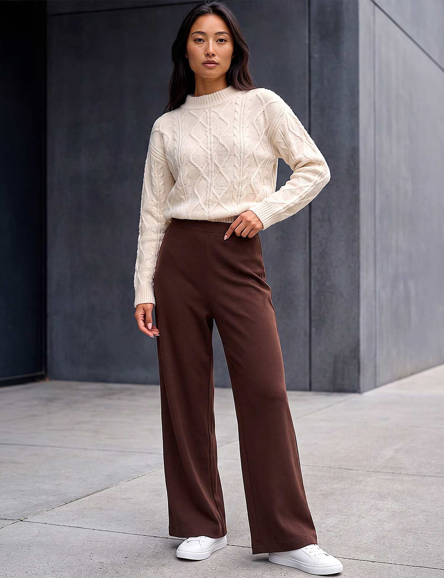 Roman Petite Brushed Ribbed Wide Leg Trousers Chocolate