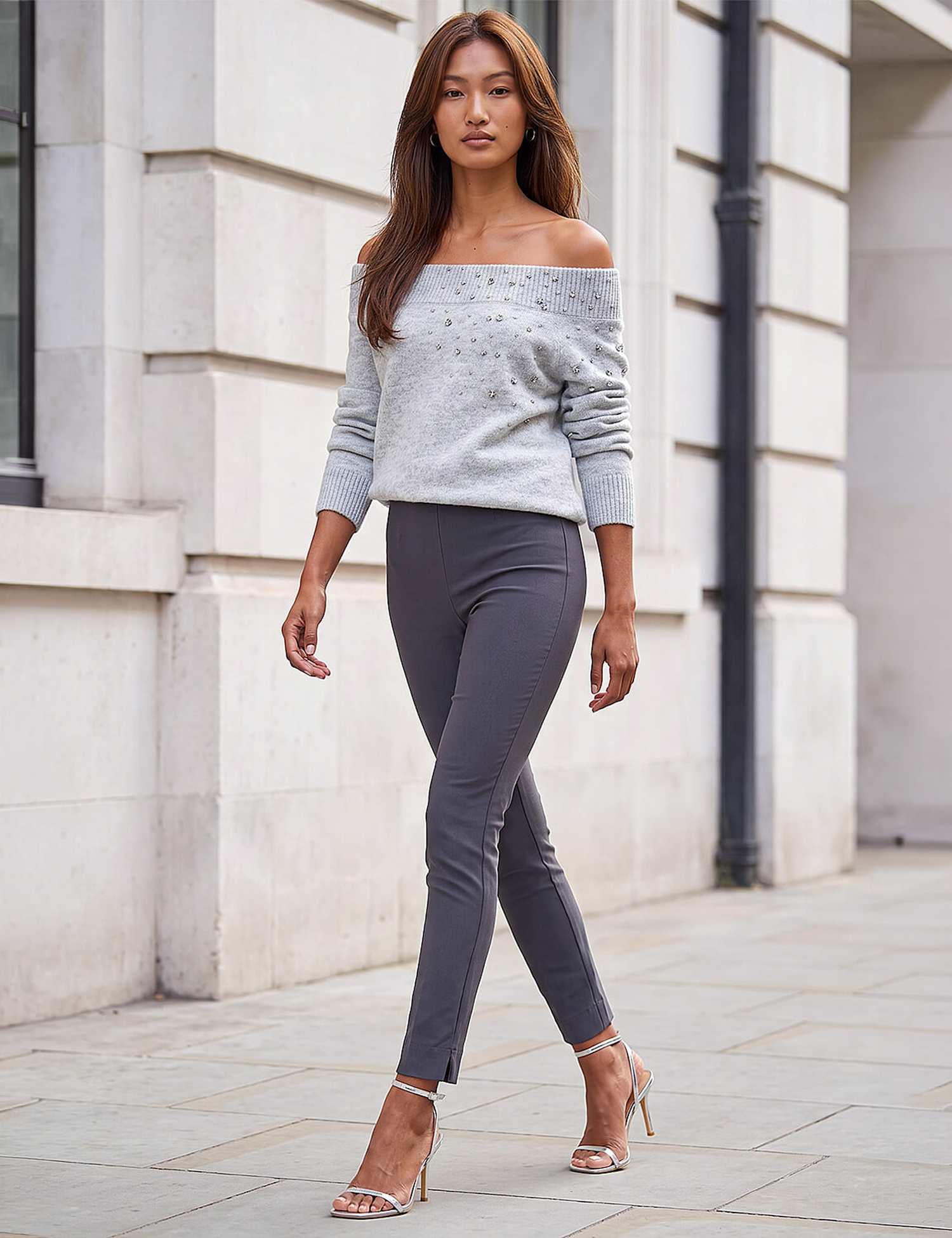 Roman Full Length Elastic Stretch Trousers Dark Grey
