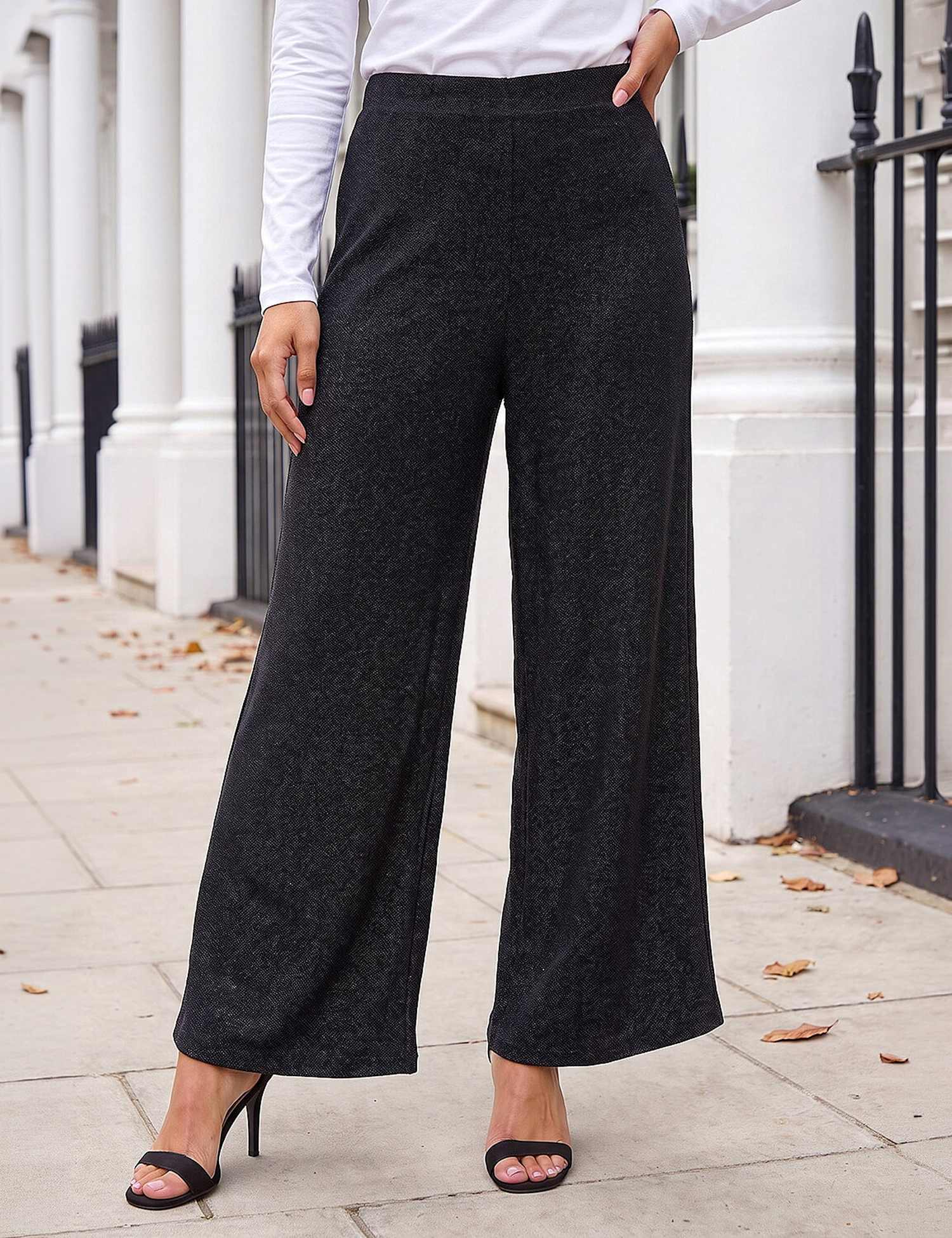 Roman Metallic Wide Leg Trousers with Stretch Black