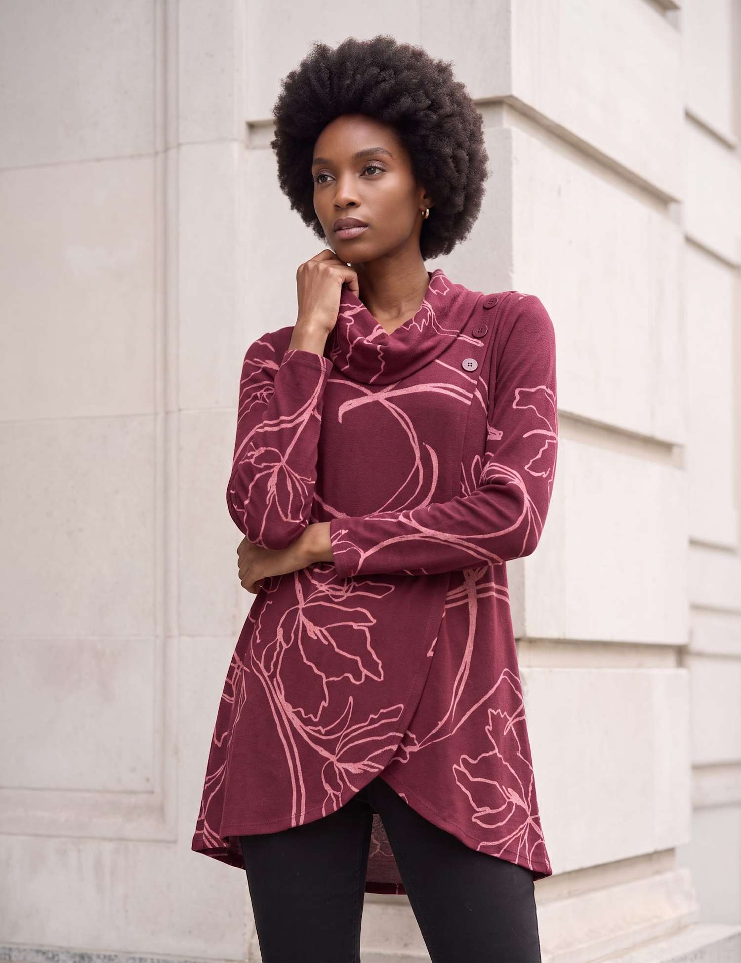 Roman Leaf Print Cowl Neck Stretch Top Burgundy