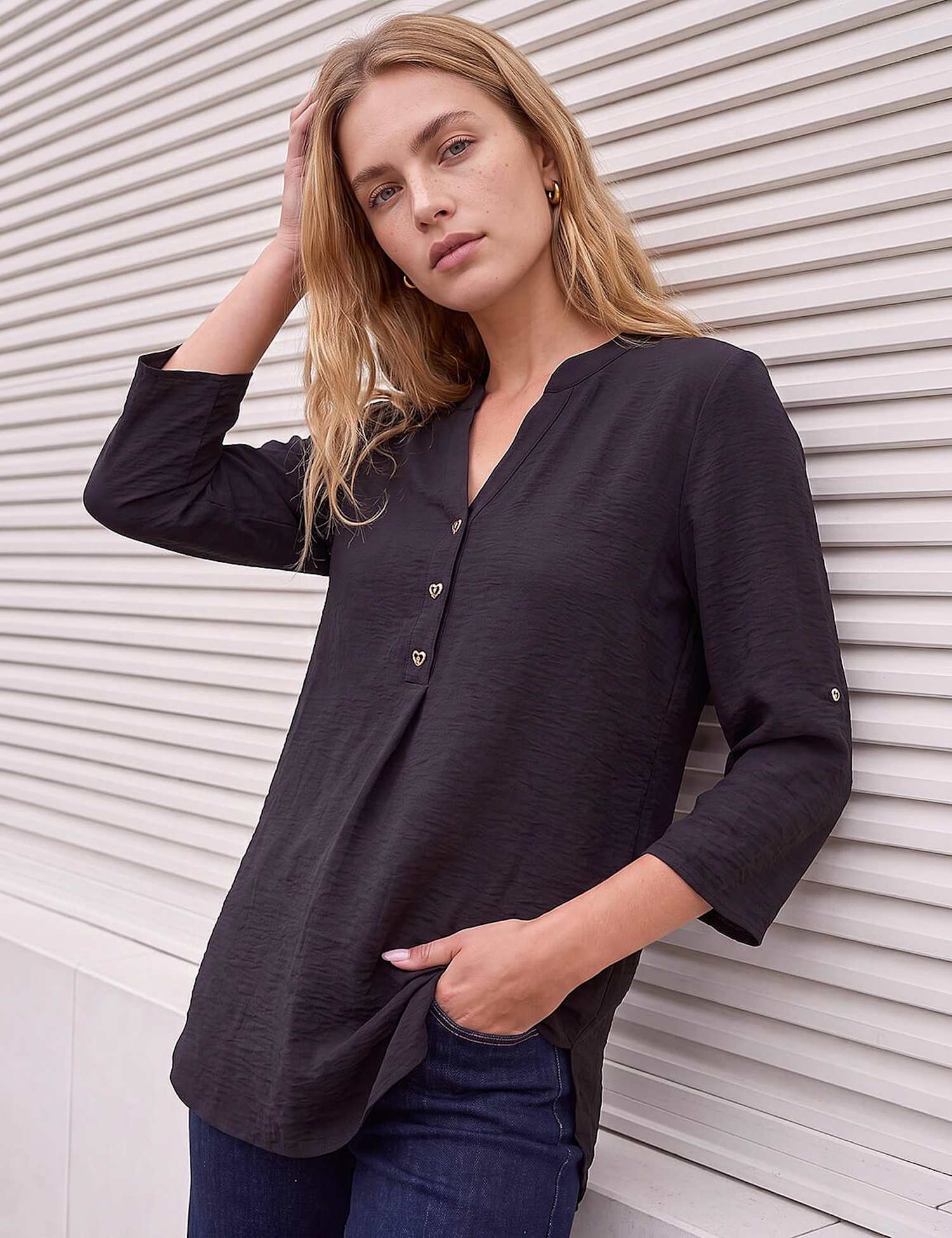 Roman Notch Neck Button Detail Longline Top Black