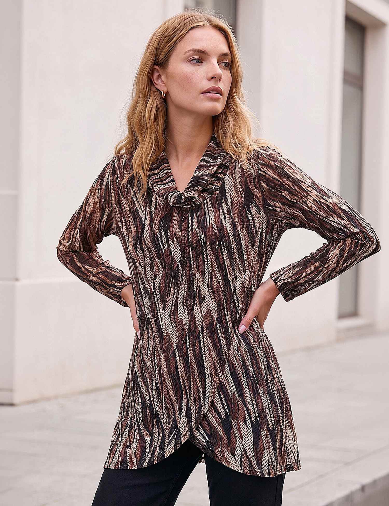 Roman Abstract Print Cowl Neck Tunic Top Beige