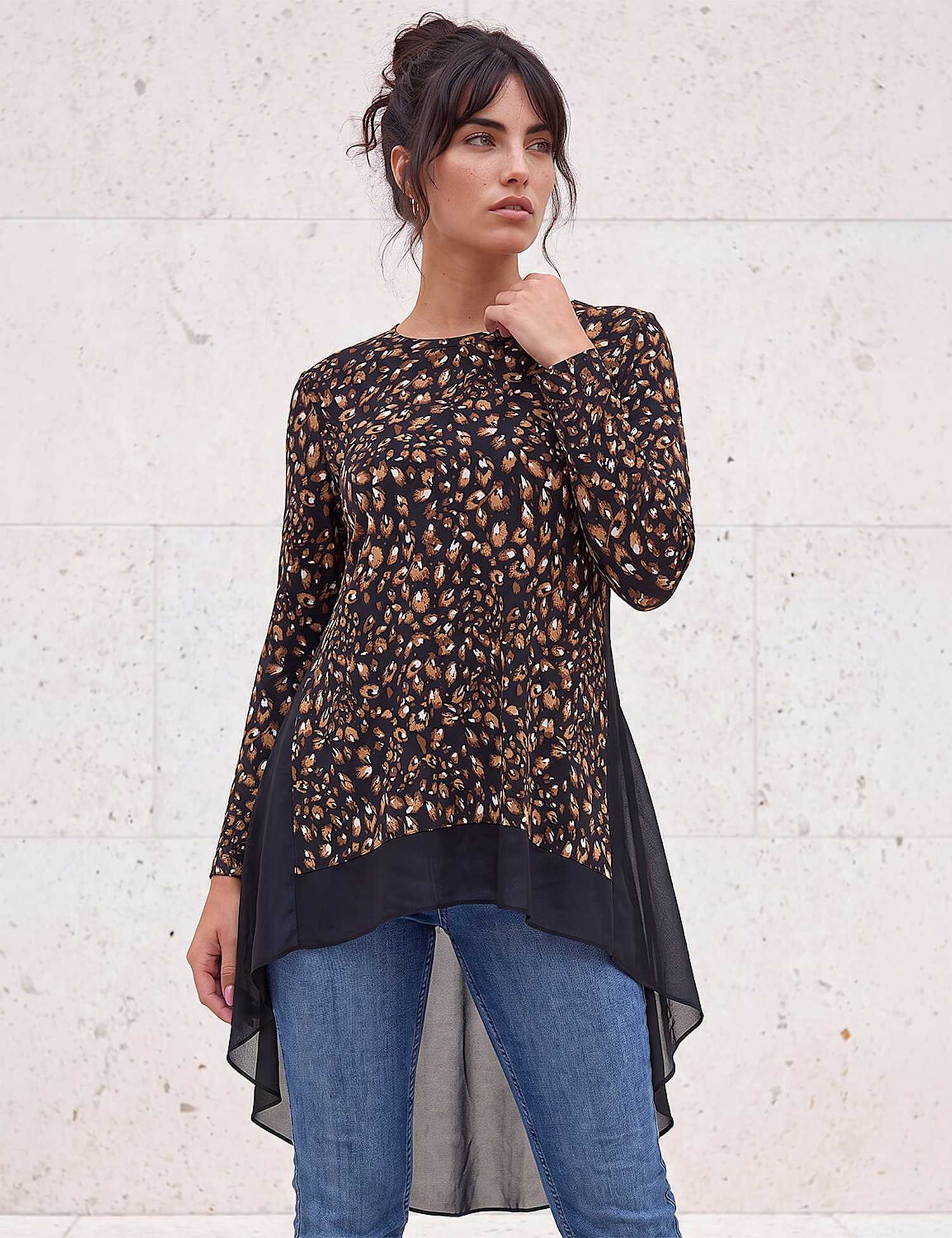 Roman Abstract Print Tunic Top Tan