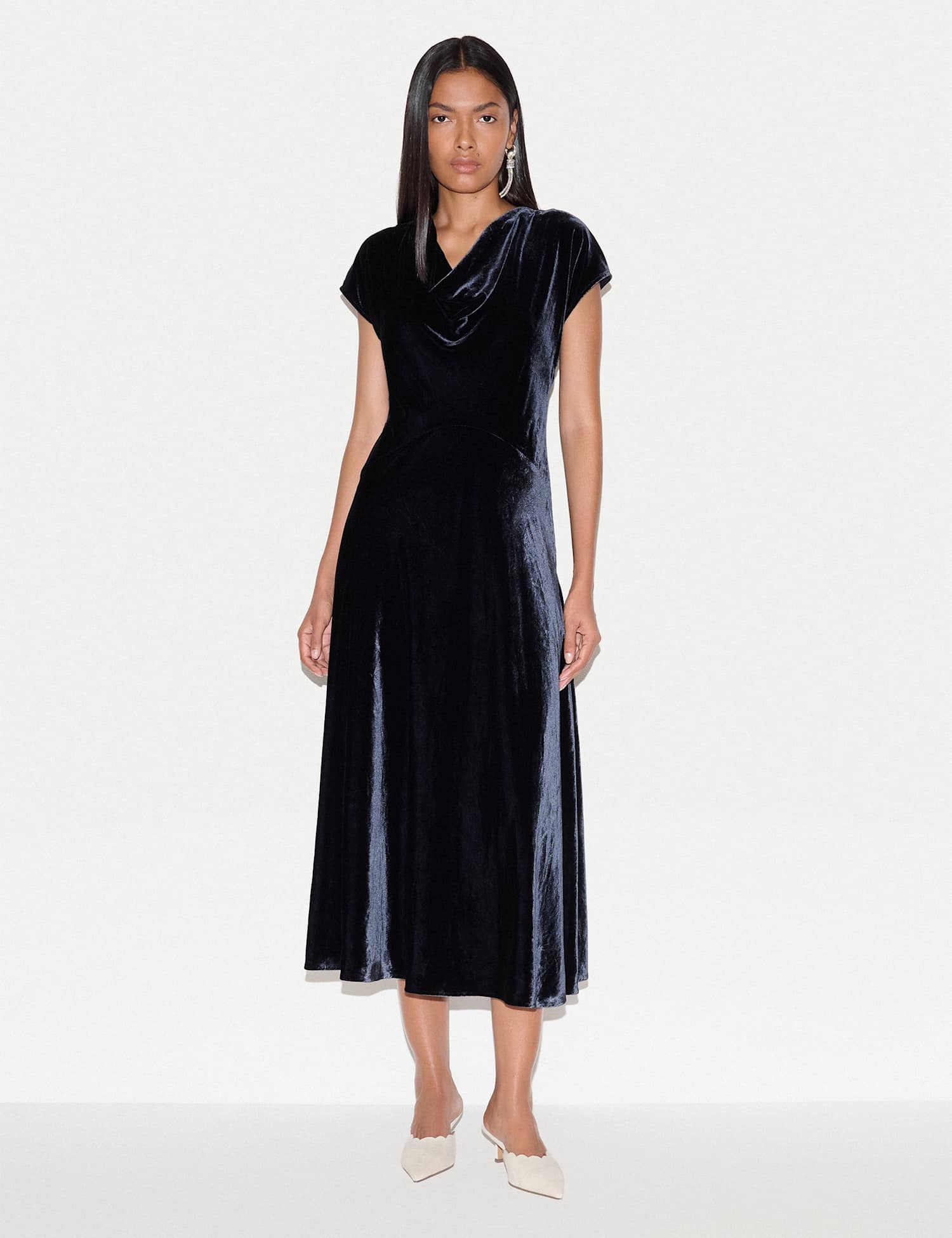 Jigsaw Velvet Cowl Neck Midi Waisted Dress Navy