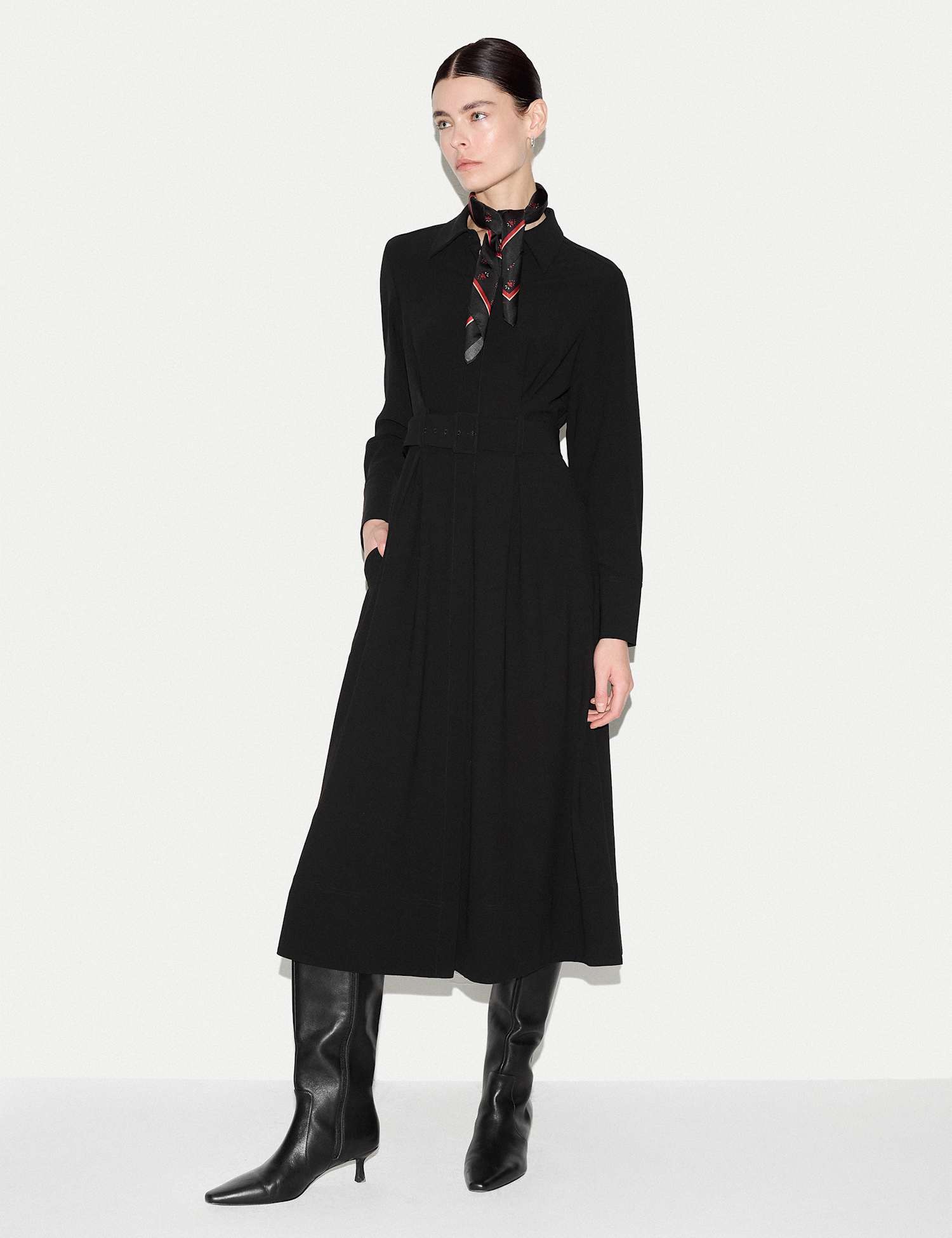 Jigsaw Crepe Collared Belted Midi Shirt Dress Black