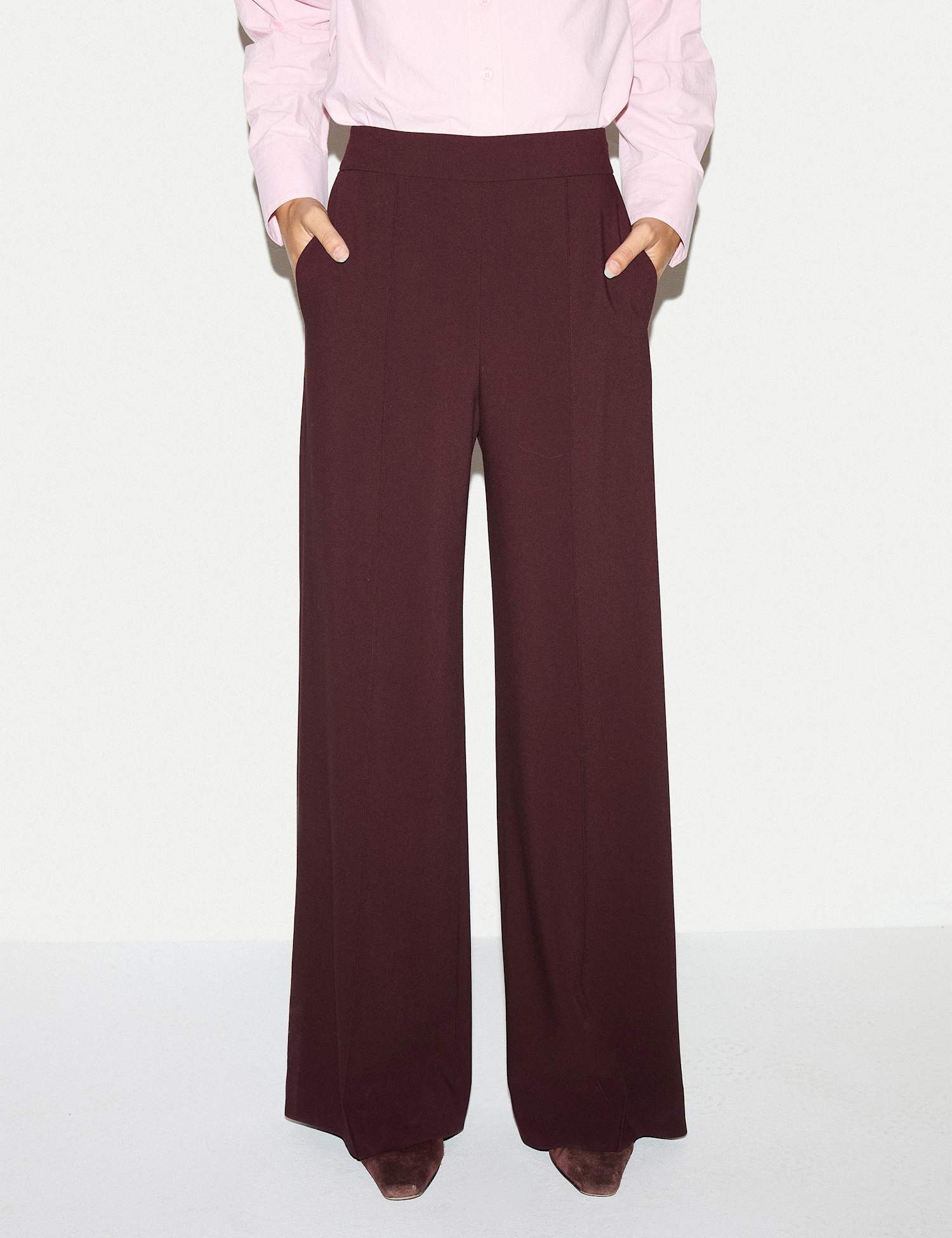 Jigsaw Crepe Wide Leg Trousers Burgundy