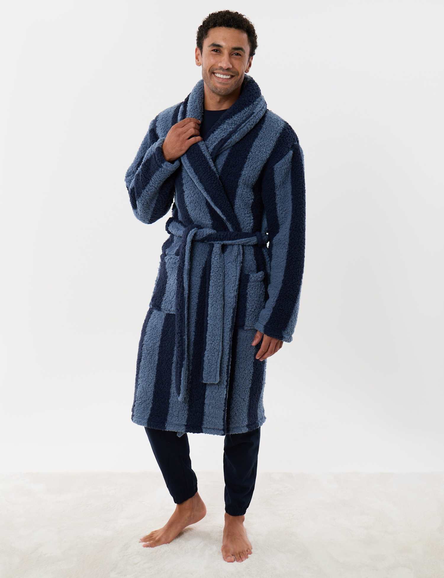 Threadbare Fleece Striped Dressing Gown Navy Mix