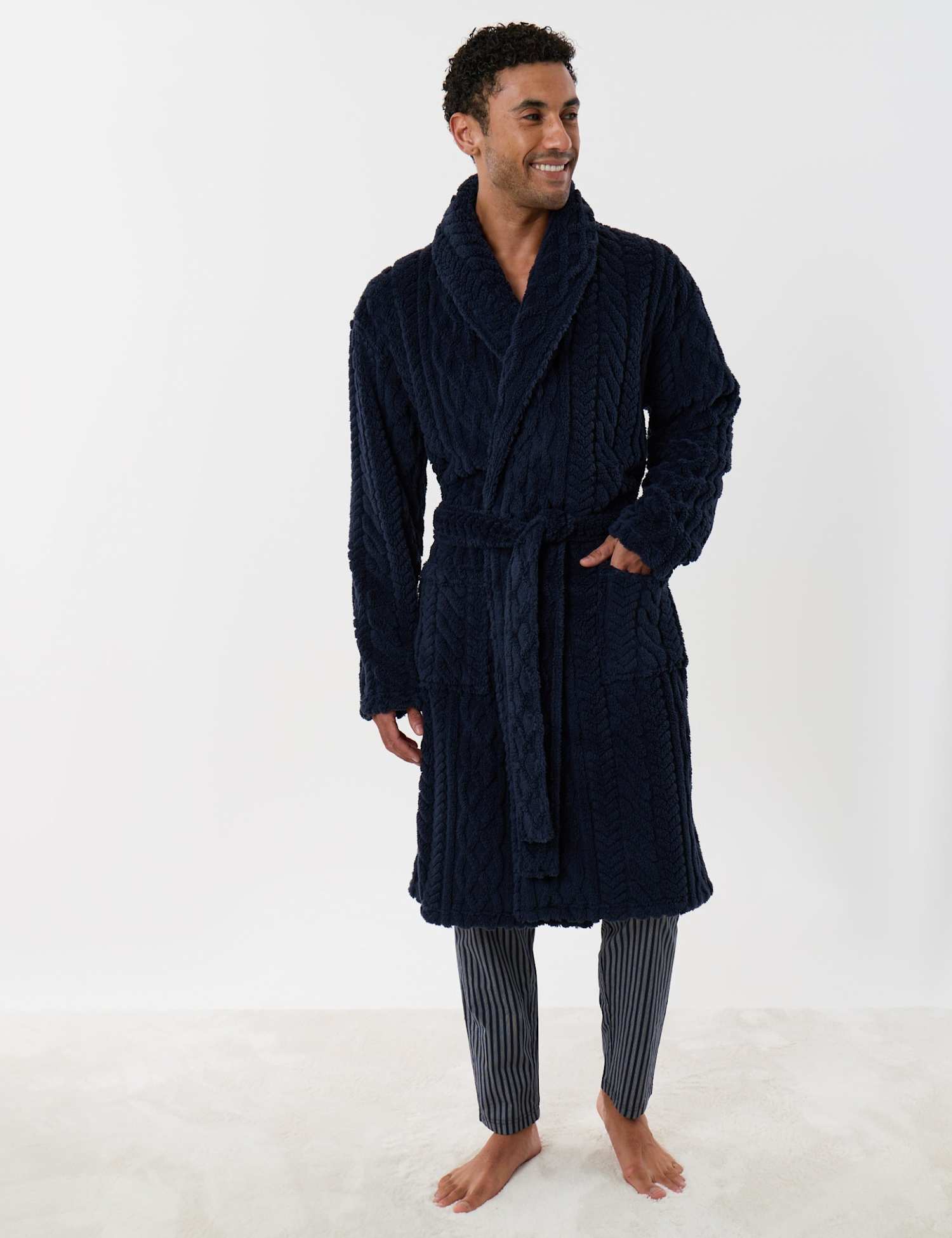 Threadbare Cable Fleece Dressing Gown Navy