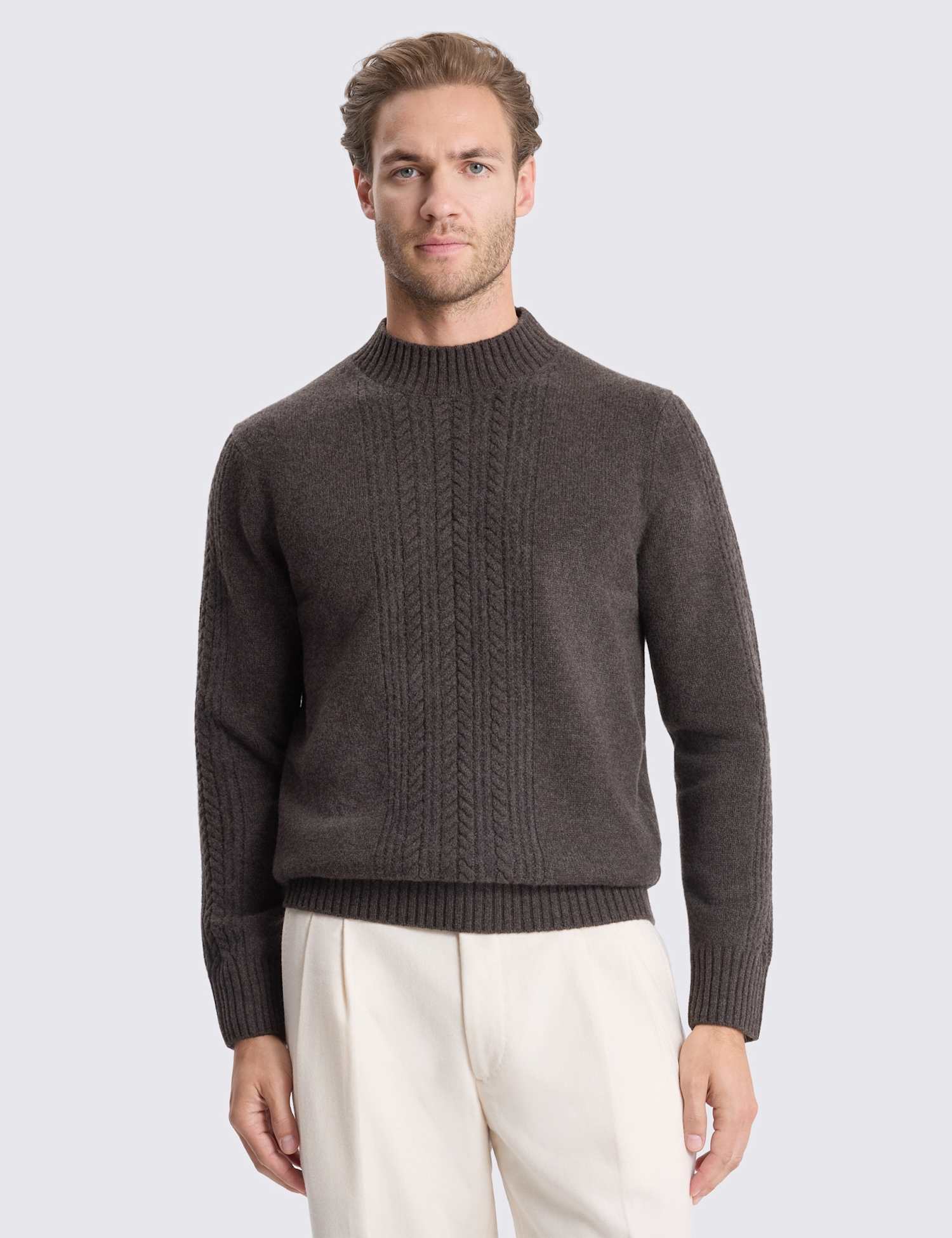 MOSS Pure Wool Cable Funnel Neck Jumper Brown