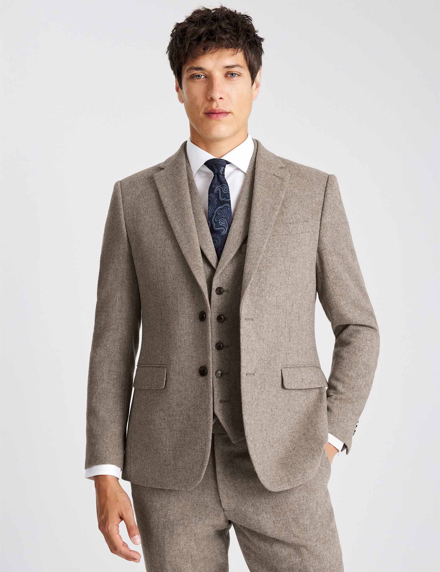 MOSS Slim Fit Wool Rich Donegal Tweed Suit Jacket Stone