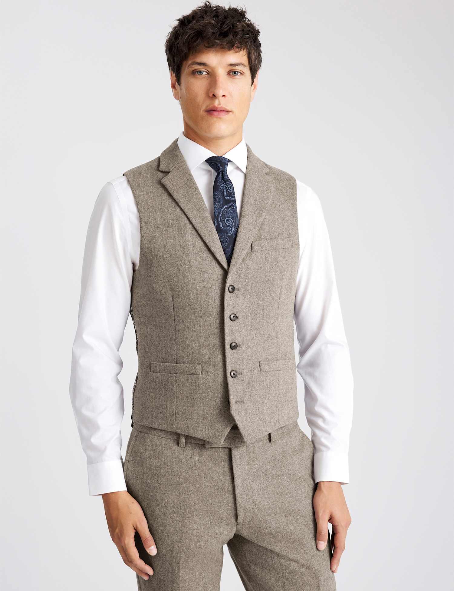 MOSS Slim Fit Wool Rich Donegal Waistcoat Stone