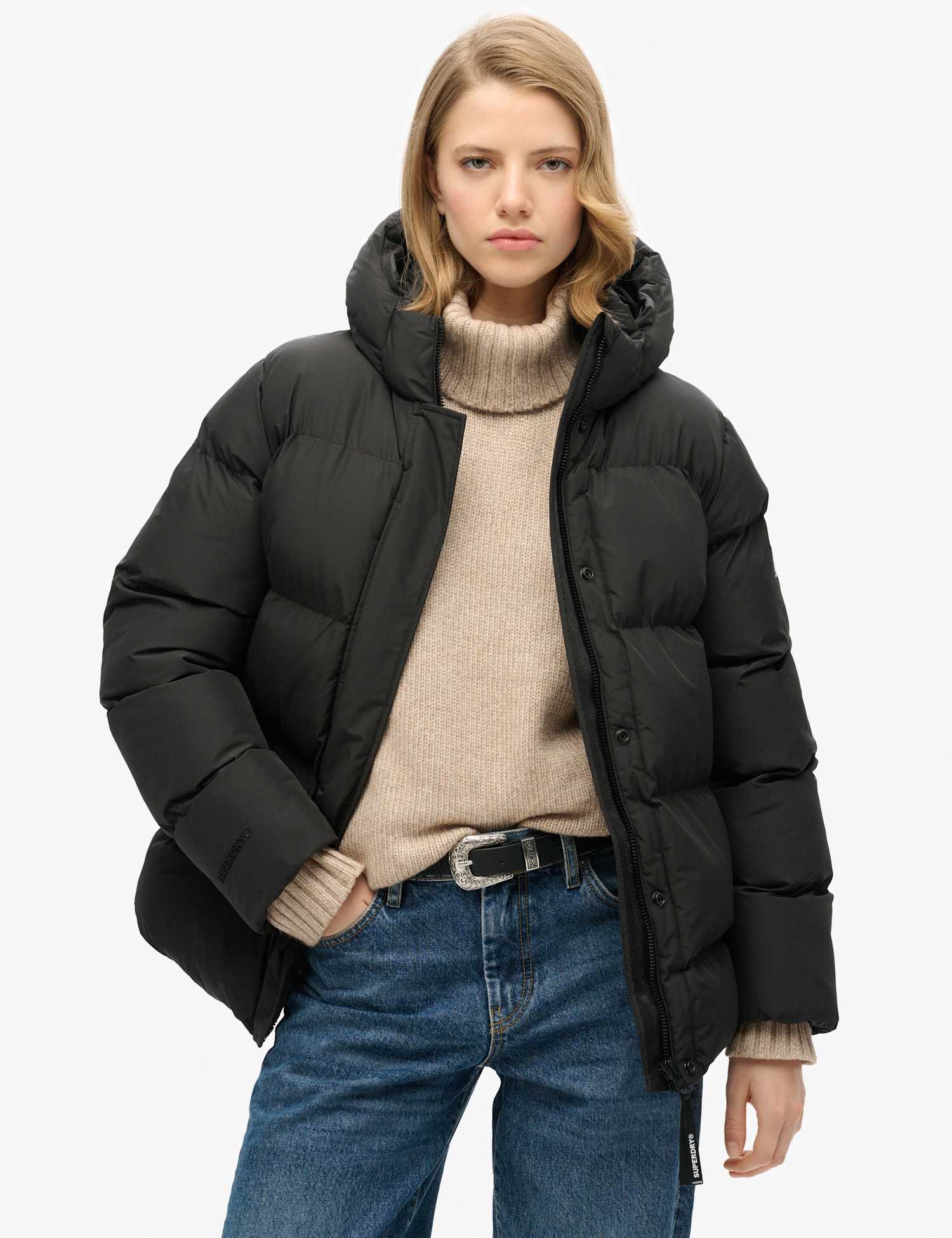 Superdry & Co Padded Hooded Mid Length Sports Puffer Jacket Black