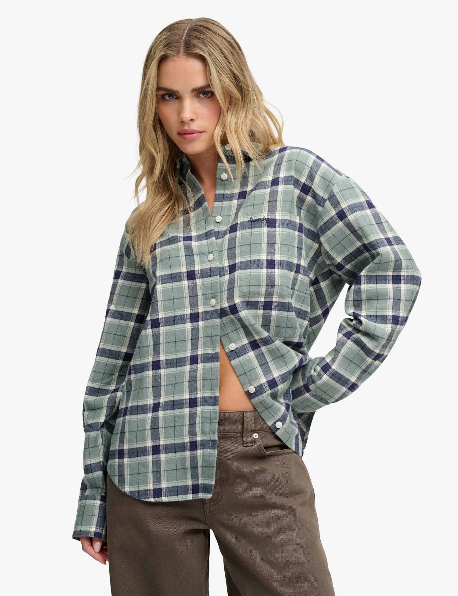 Superdry & Co Pure Cotton Checked Relaxed Flannel Shirt Green Mix