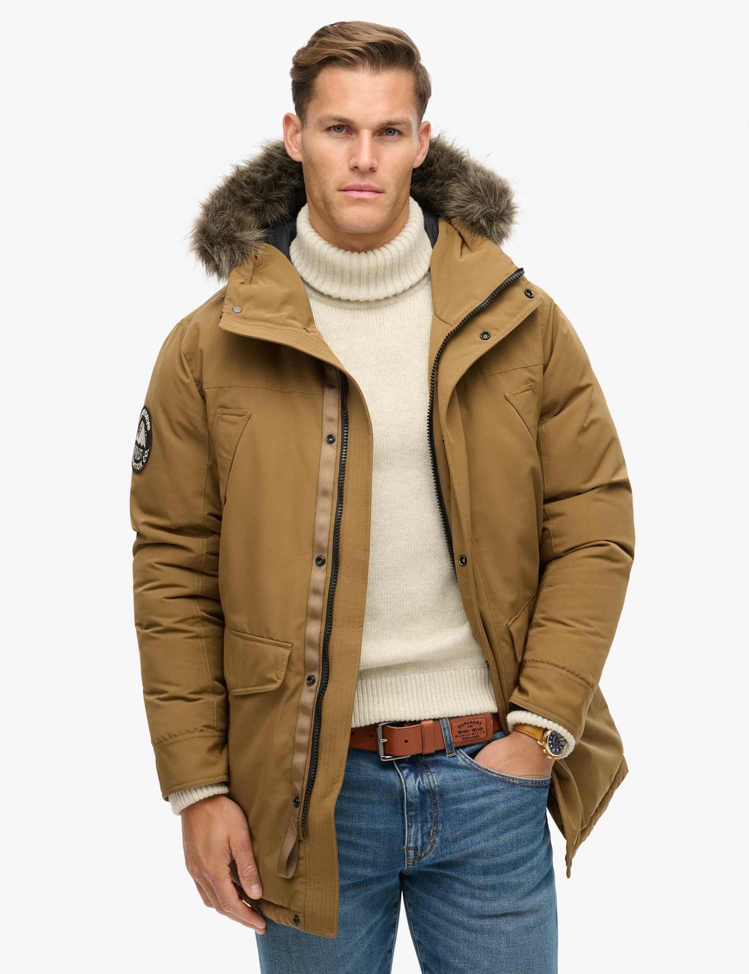 Superdry & Co Padded Hooded Longline Faux Fur Trim Parka Jacket Brown