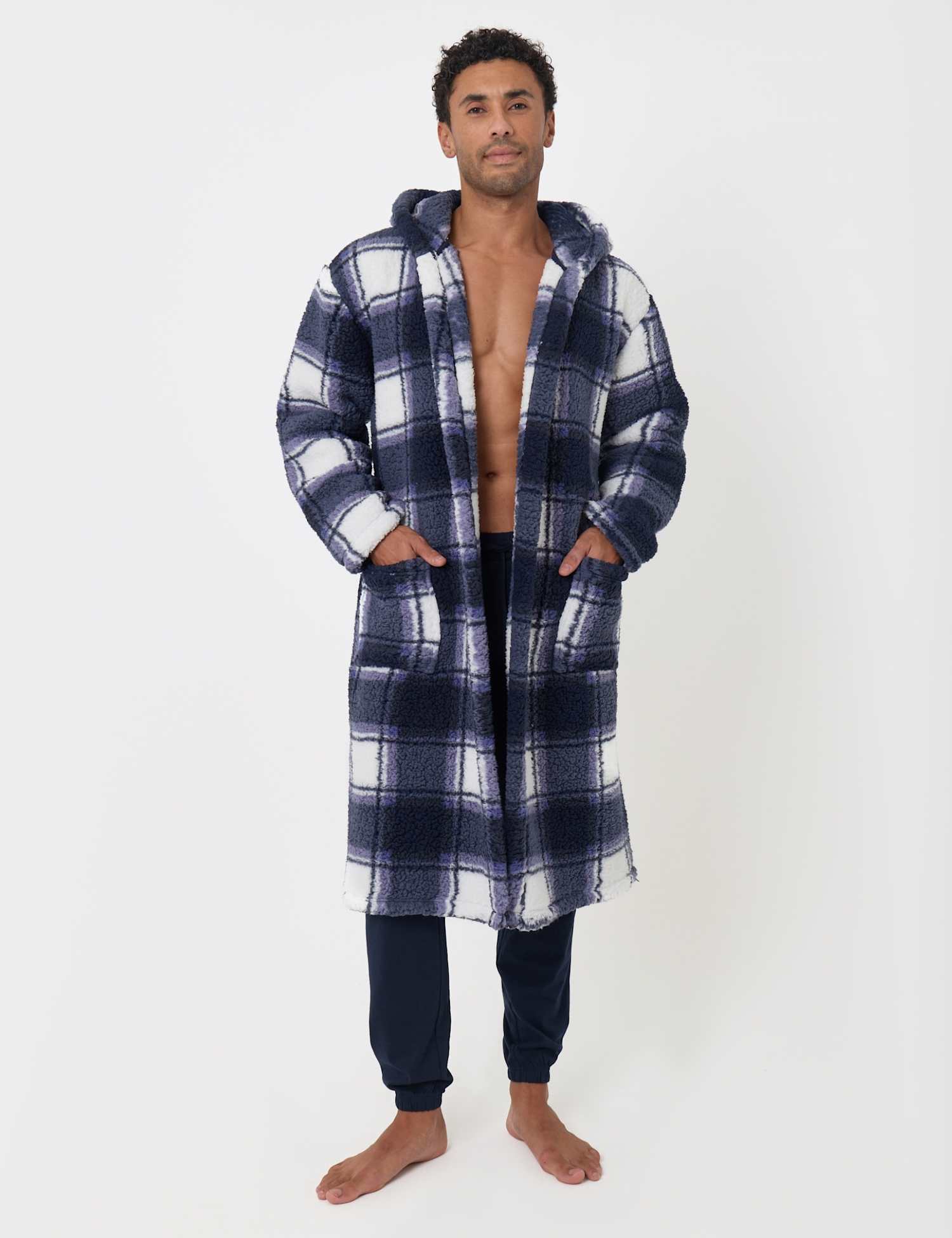 Threadbare Fleece Checked Hooded Dressing Gown Navy
