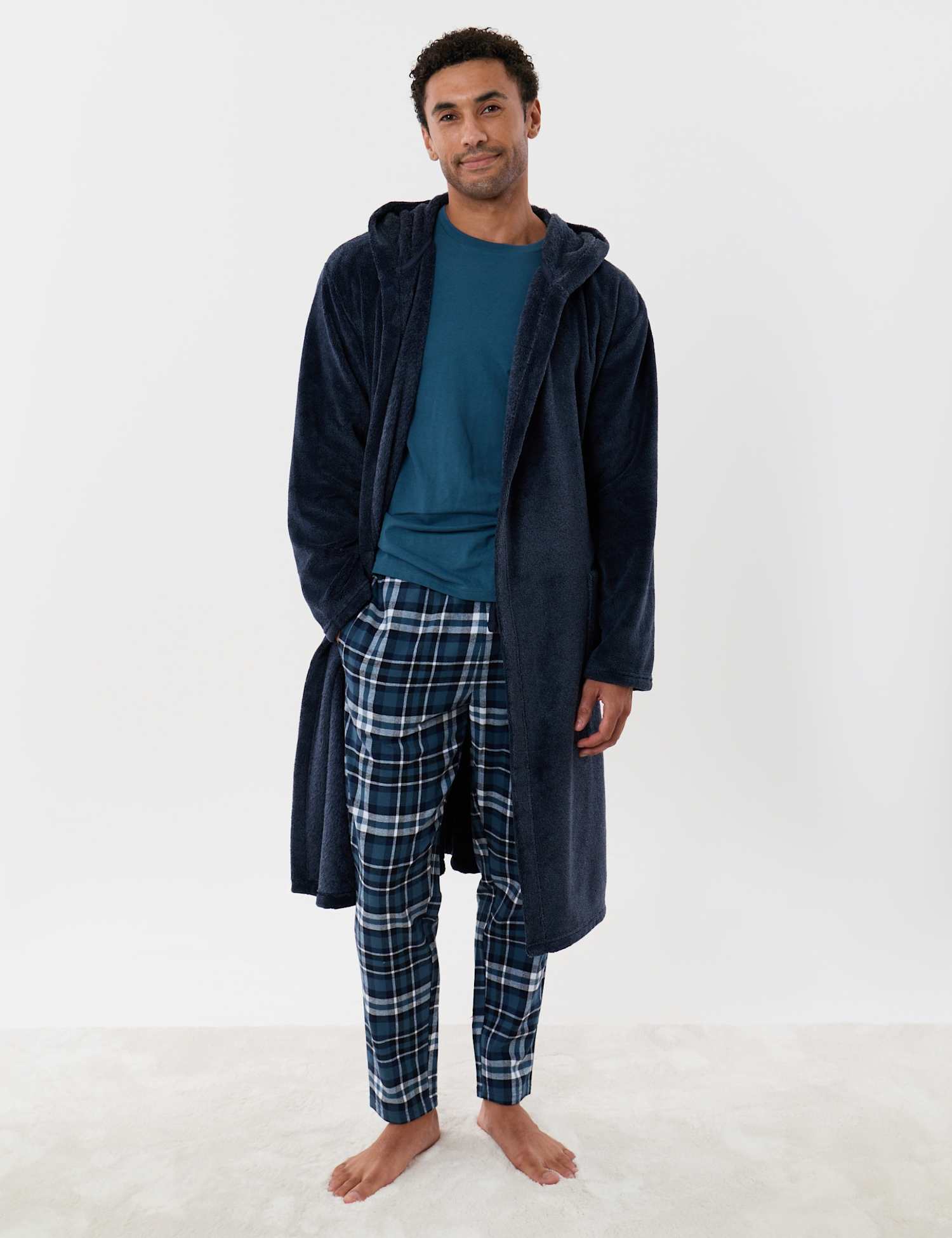 Threadbare Fleece Hooded Dressing Gown Navy
