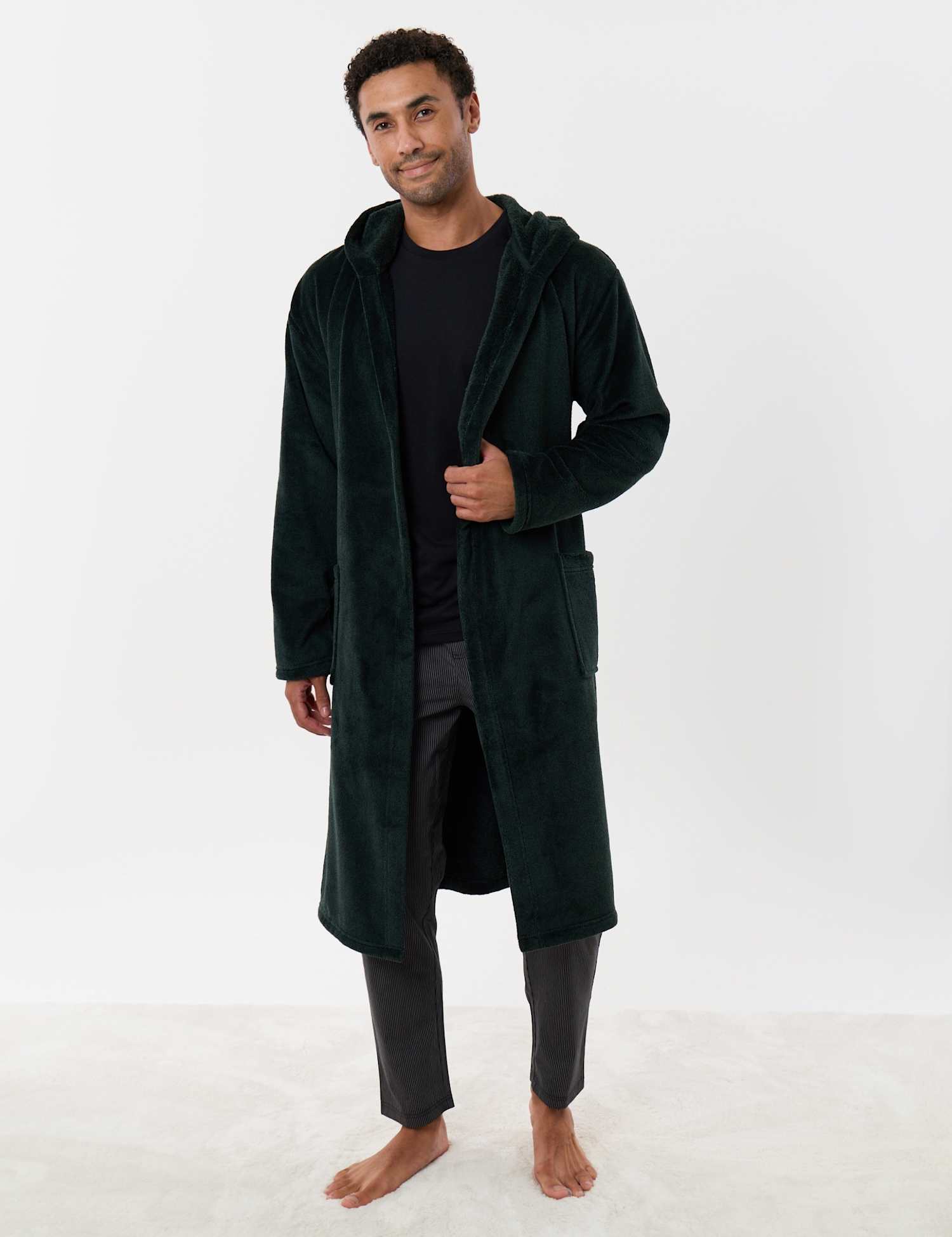 Threadbare Fleece Hooded Dressing Gown Dark Green