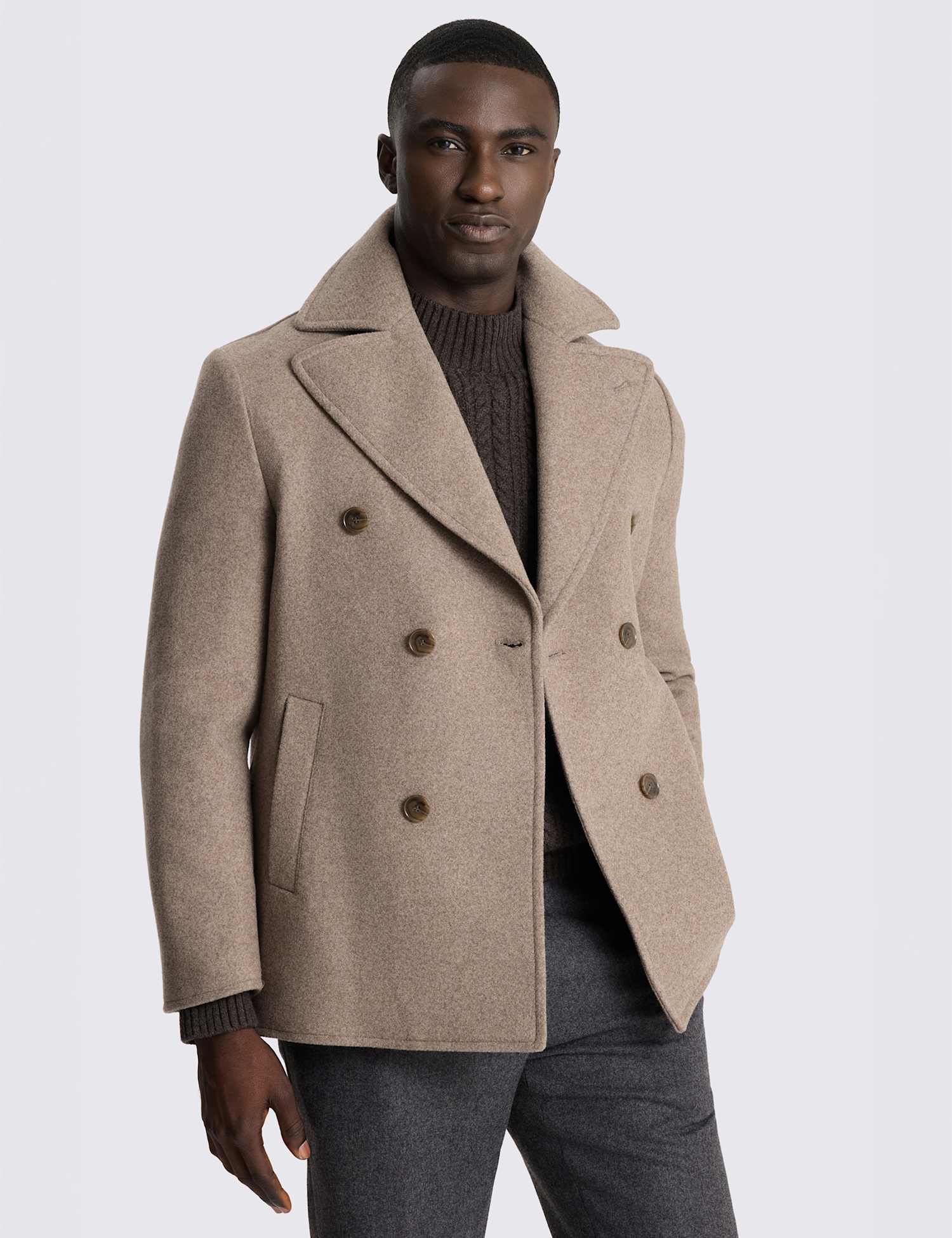 MOSS Wool Blend Twill Double Breasted Peacoat Taupe