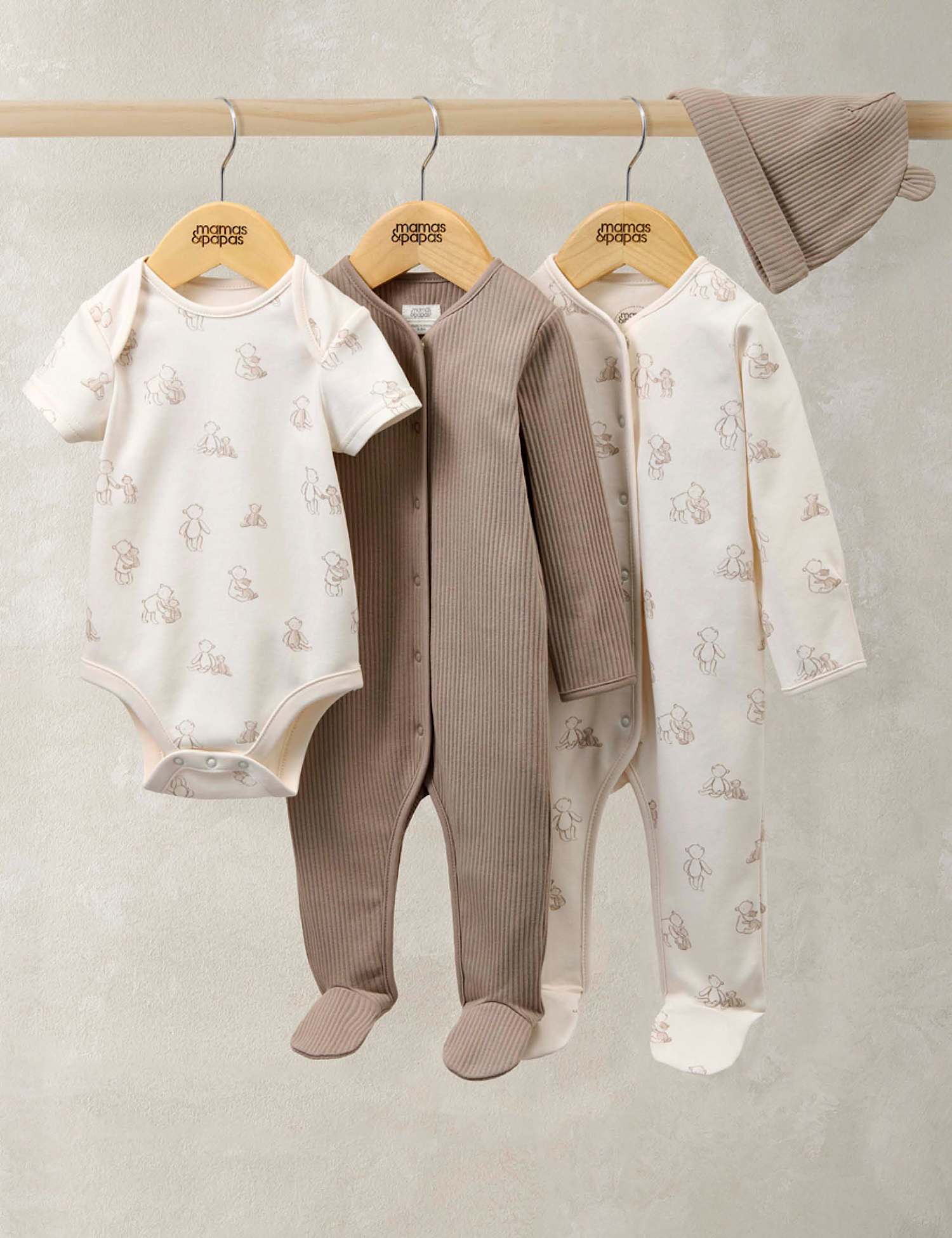 Mamas & Papas 4pc Teddy Bear Bodysuit and Hat Set (0-9 Mths) Oatmeal Mix